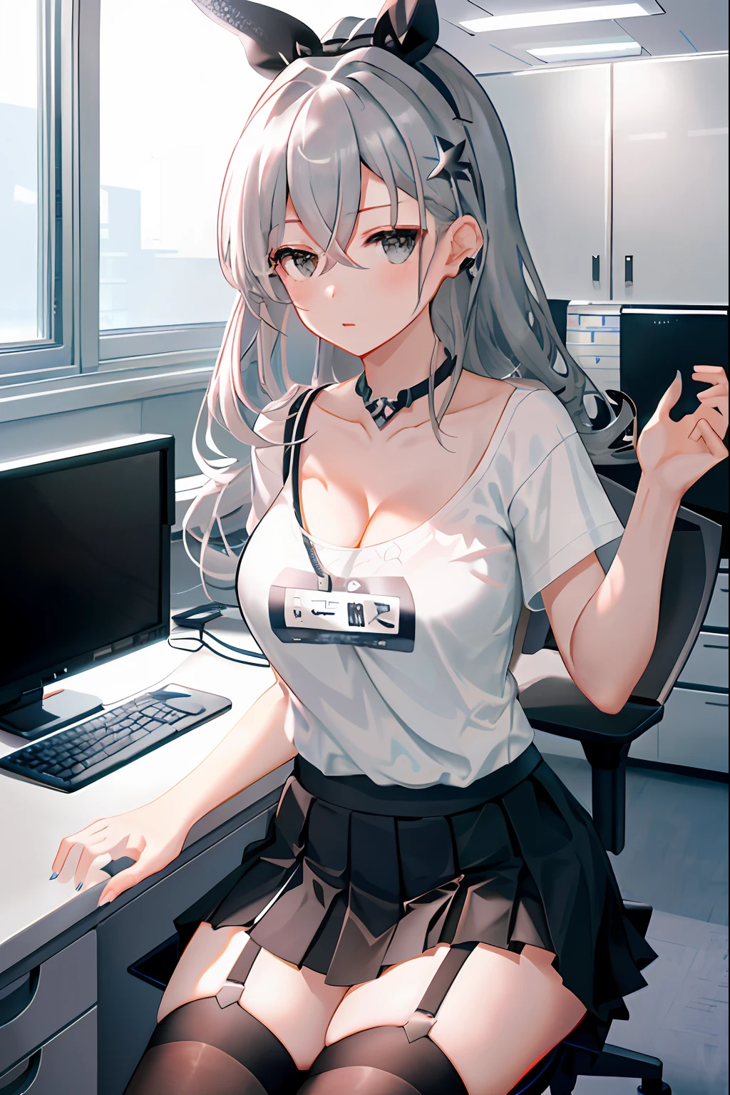 Silver wolf, honkai star rail, 1girl, solo, ((white shirt)), black thighhighs, breasts, cleavage, uniform, office background, black skirt, pleated skirt, office, hair between eyes, hair ornament, large breasts, long hair, looking at viewer, silver short nails, grey eyes, solo, thighhighs, thighs, ((masterpiece)), sitting, chair, desk, computer on desk, name tag, id tag, indoor, blush, sexy pose, hands behind, ((office top)),