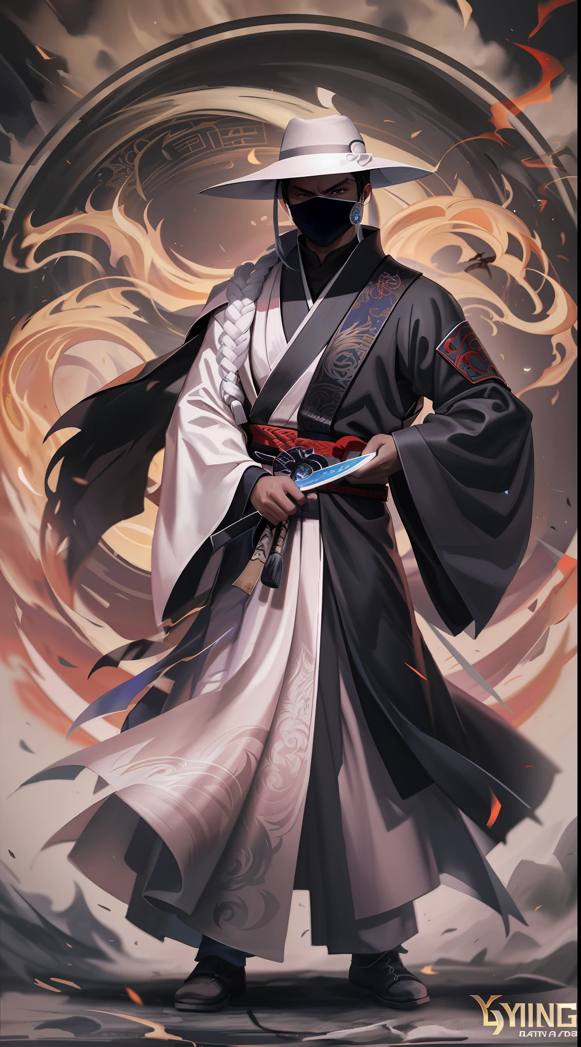 arafed image of a man in a hat and cloak with a sword in front of a yin yin, ying and yang, taoism, taoist master, yin yang, style of mortal kombat, in the style of sifu 🔥 😎 🕹️ 👀 :2, stunning artwork, combination art, hd artwork, duality, yinyang shaped, official artwork