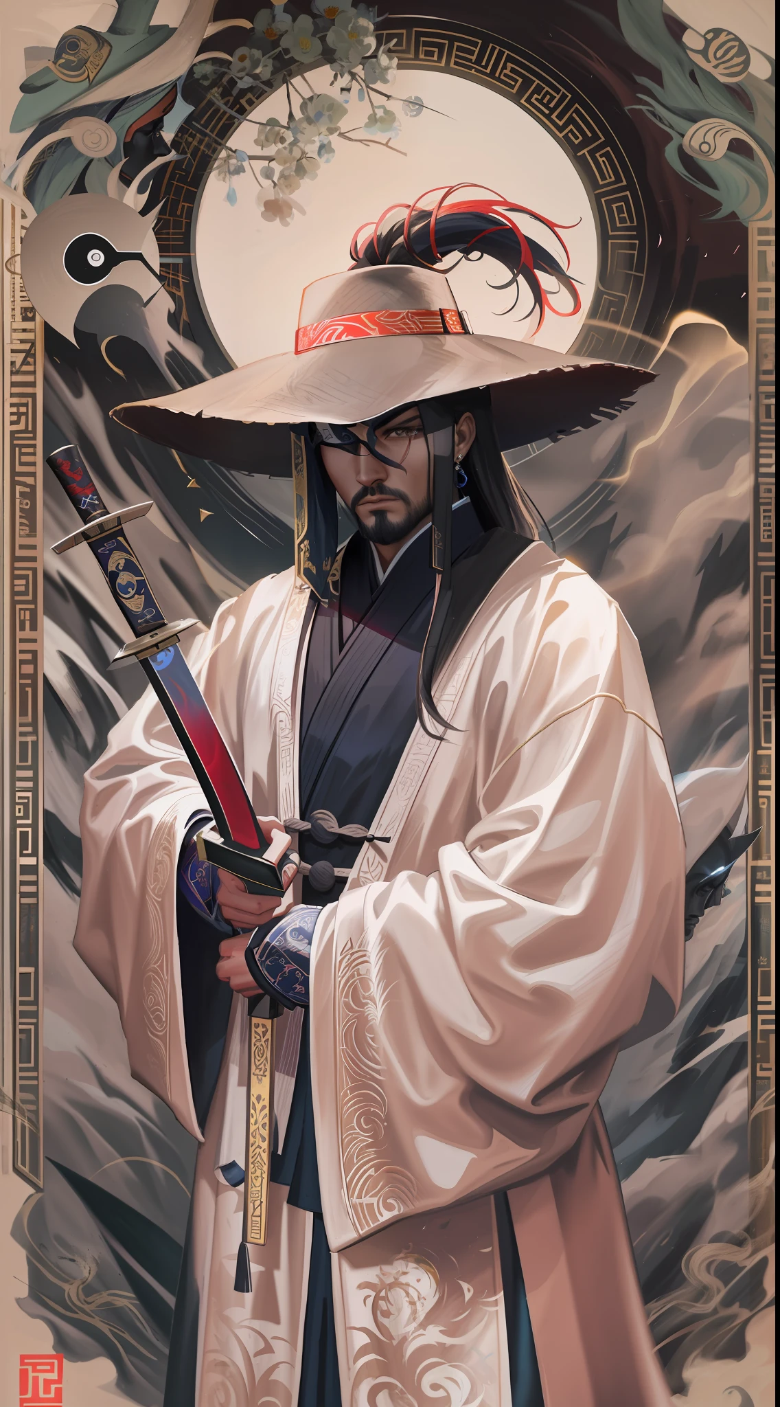 arafed image of a man in a hat and cloak with a sword in front of a yin yin, ying and yang, taoism, taoist master, yin yang, style of mortal kombat, in the style of sifu 🔥 😎 🕹️ 👀 :2, stunning artwork, combination art, hd artwork, duality, yinyang shaped, official artwork