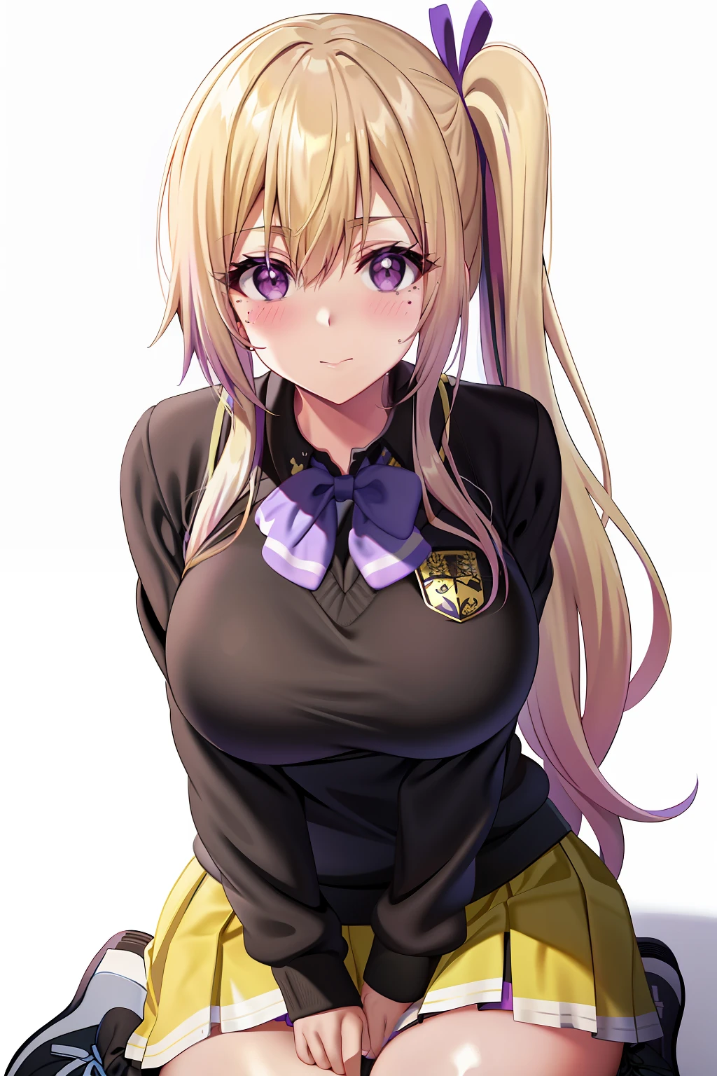 kawakami_Mai, Blonde hair, Side ponytail, Purple eyes, Long hair, bangs, Gradient hair, dark mole,
Large breasts, school uniform, Black shirt, Yellow sweater vest, White pleated skirt, Sneakers, Black socks,   (Masterpiece:1.0), (Best quality:1.0), (8K wallpaper:1.0), Extremely delicate and beautiful, (Beautiful detailed face:1.0), (Detailed deep eyes),  Symmetrical breasts, Deep eyes