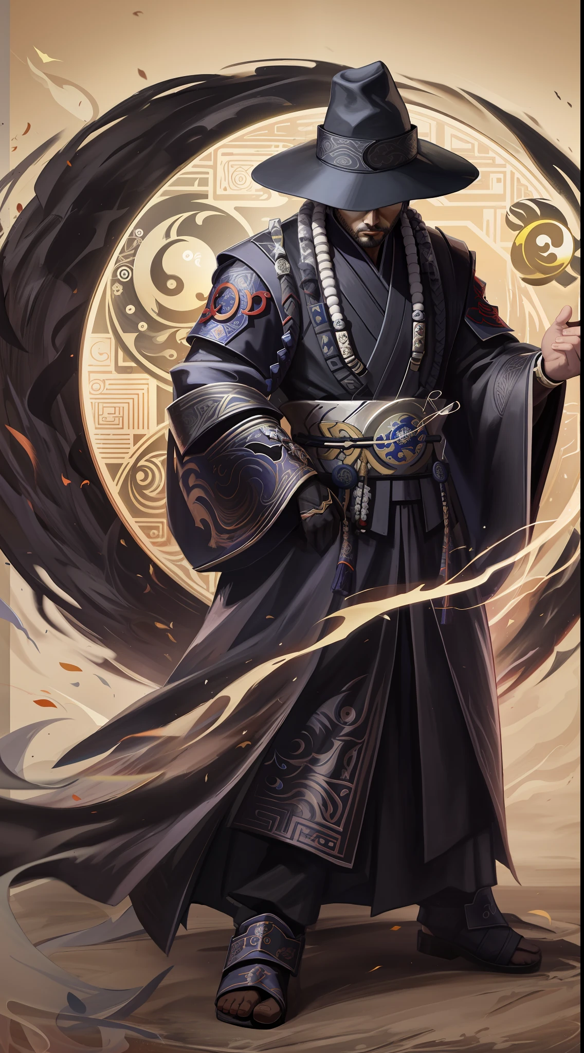 arafed image of a man in a hat and cloak with a sword in front of a yin yin, ying and yang, taoism, taoist master, yin yang, style of mortal kombat, in the style of sifu 🔥 😎 🕹️ 👀 :2, stunning artwork, combination art, hd artwork, duality, yinyang shaped, official artwork