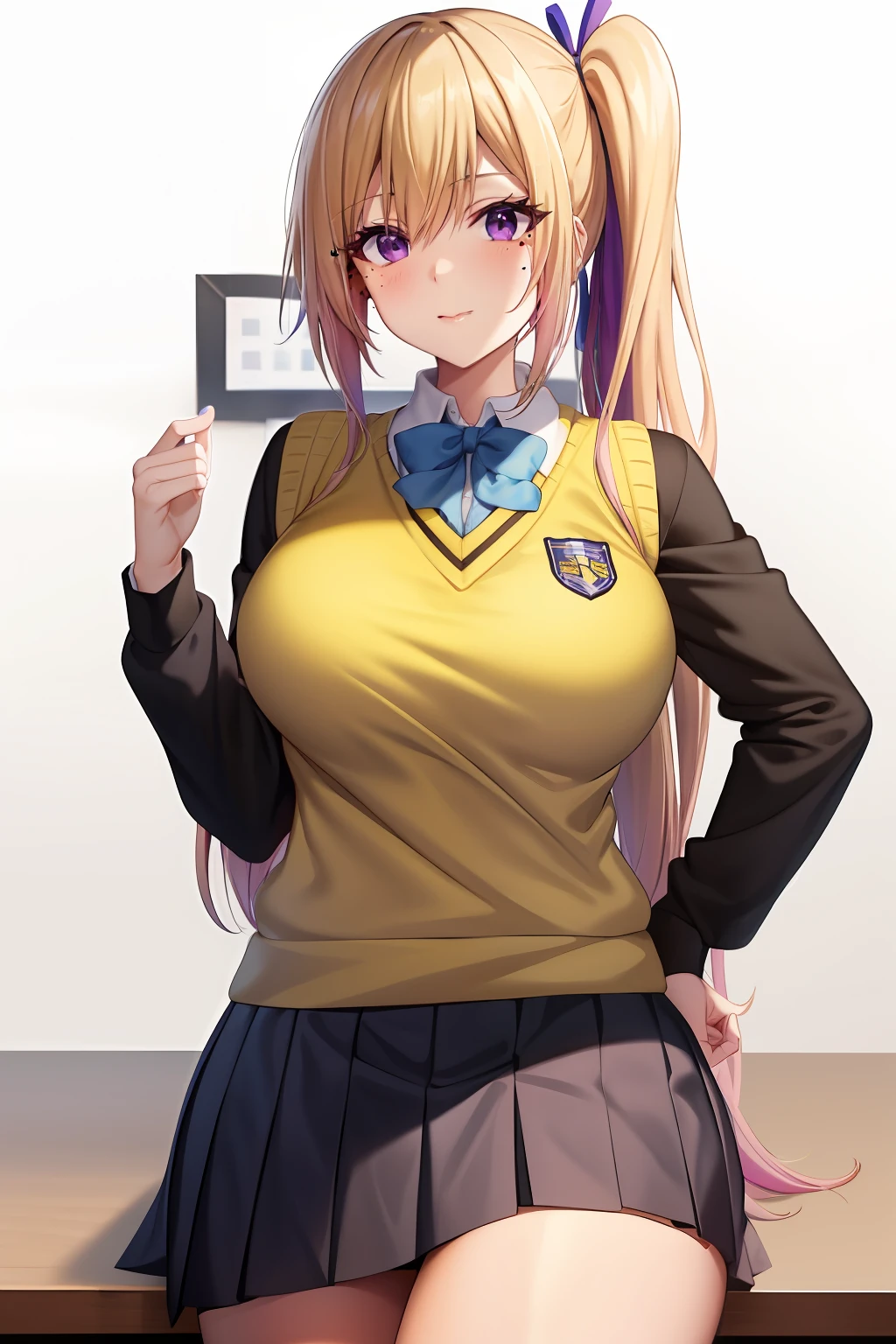 kawakami_Mai, Blonde hair, Side ponytail, Purple eyes, Long hair, bangs, Gradient hair, dark mole,
Large breasts, school uniform, Black shirt, Yellow sweater vest, White pleated skirt, Sneakers, Black socks,   (Masterpiece:1.0), (Best quality:1.0), (8K wallpaper:1.0), Extremely delicate and beautiful, (Beautiful detailed face:1.0), (Detailed deep eyes),  Symmetrical breasts, Deep eyes