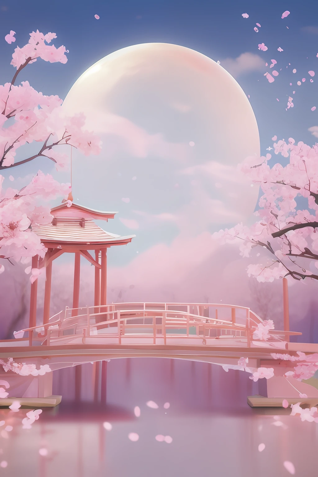 There is a bridge across the body of water, Cherry blossom forest, pink zen style, cherry blossoms falling, Cherry blossom trees, flowing sakura silk, dreamy scenes, flowing sakura-colored silk, blossoming path to heaven, pink landscape, cherry blossom, anime backgrounds, background artwork, the cherry trees, Beautiful art UHD 4 K, sakura season