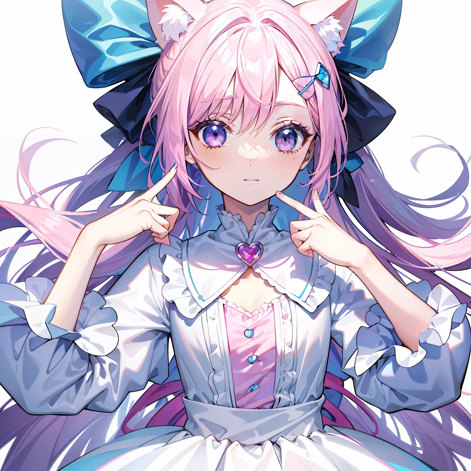 Girl with pink hair，Purple eye，Pink hair dyed blue，adolable，cat ear，Highest image quality，High ponytail，Princess dress，Puff sleeves，White skin of the，Delicate hair，Exquisite clothing，Cute little kid，The chest is small，Whole body diagram，white backgrounid，Bow hair ornament