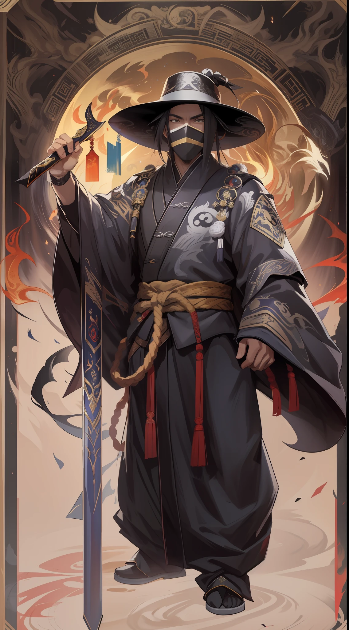 arafed image of a man in a hat and cloak with a sword in front of a yin yin, ying and yang, taoism, taoist master, yin yang, style of mortal kombat, in the style of sifu 🔥 😎 🕹️ 👀 :2, stunning artwork, combination art, hd artwork, duality, yinyang shaped, official artwork