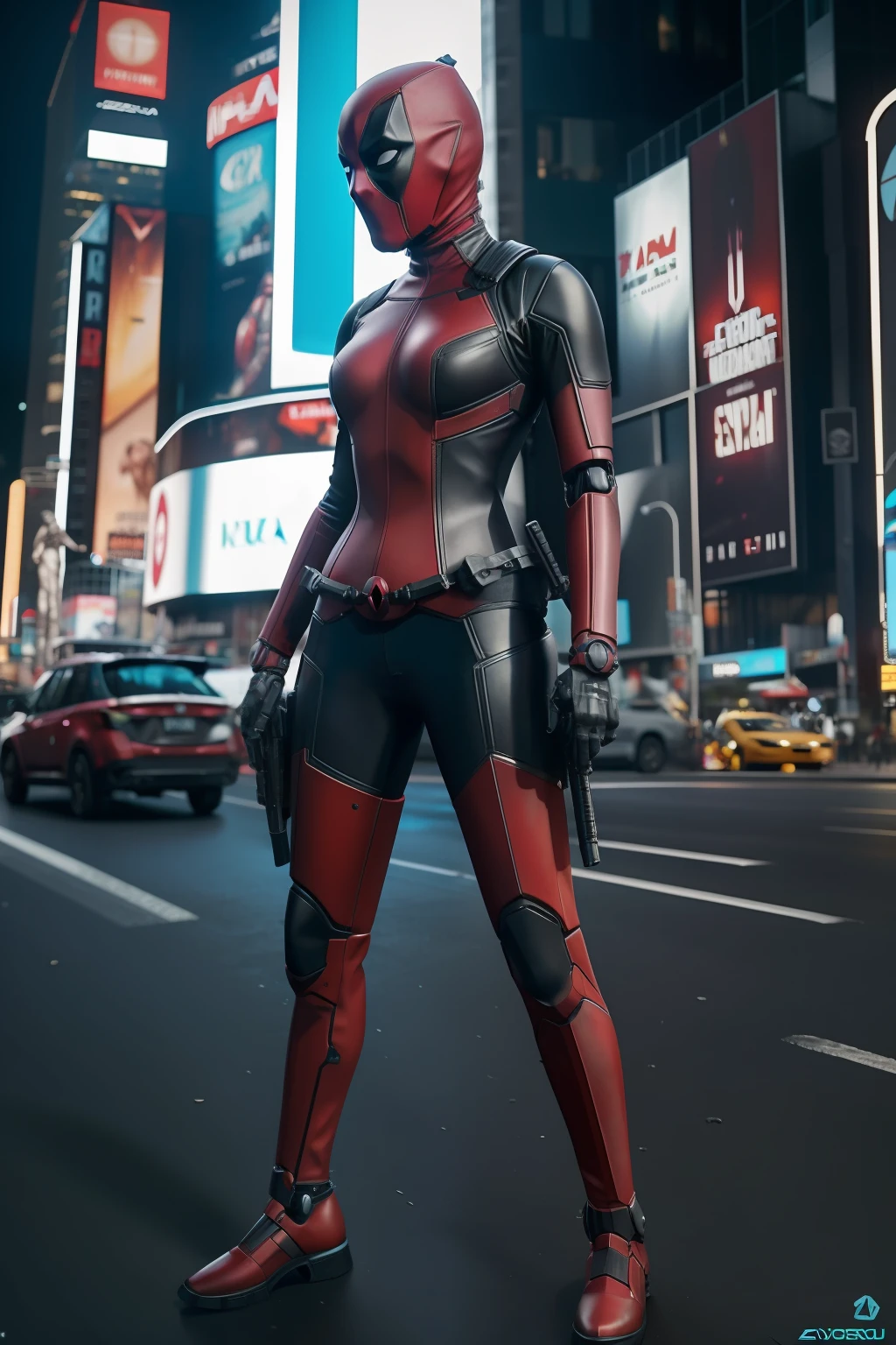 cidade nova ioque, avenida time square, foto de Mulher vestida como Deadpool da Marvel,
Biomechanicals, complex robot, crescimento pleno,
hyper-realistic, pequenos detalhes insanos,
Extremely sharp lines, Cyberpunk aesthetics,
uma obra-prima apresentada em Zbrush Central
