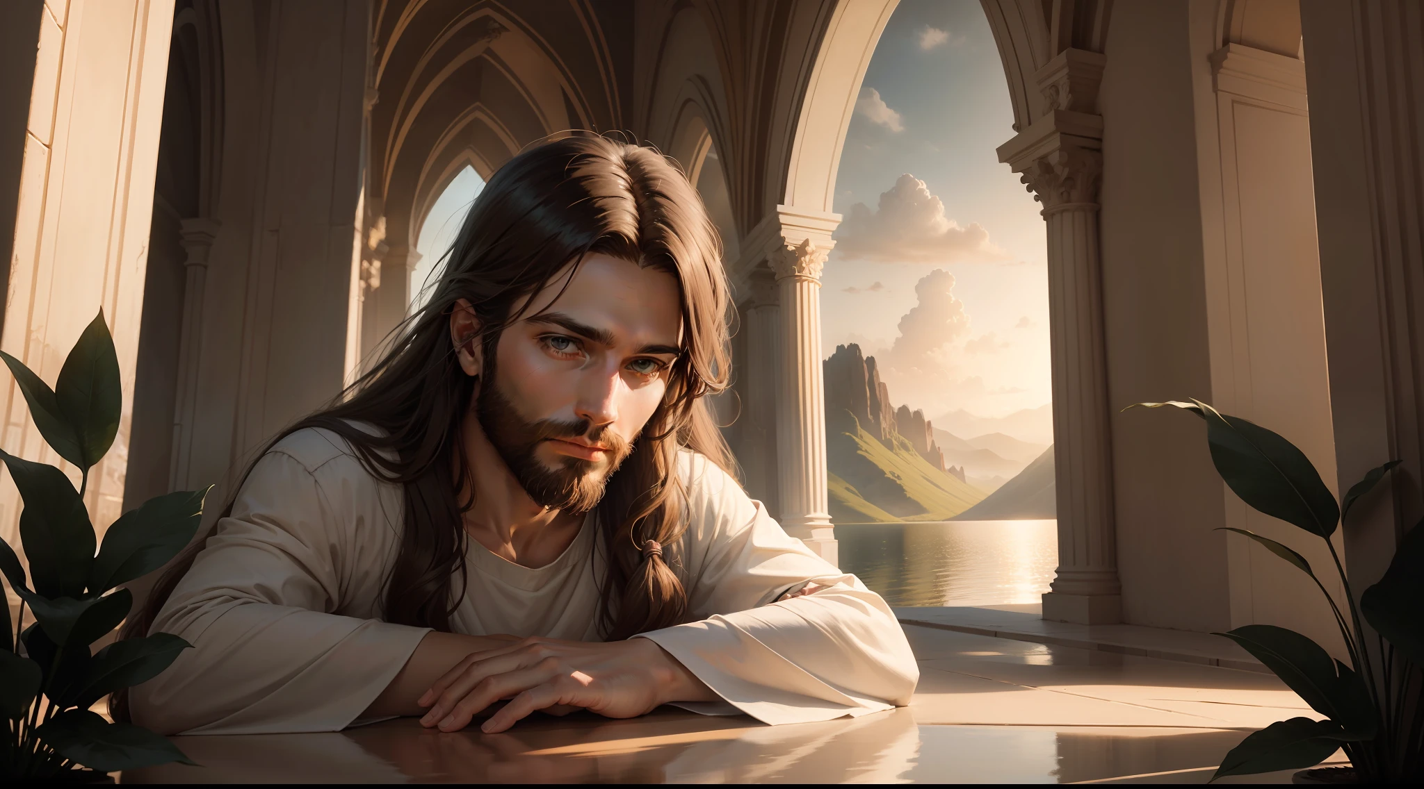 "majestic portrait of Jesus Christ in a serene and divine setting"