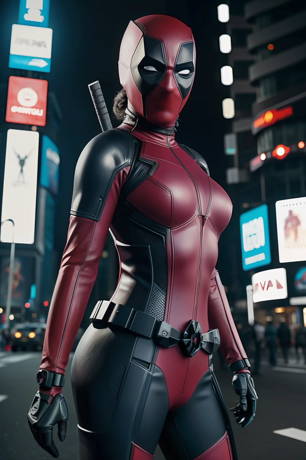 cidade nova ioque, avenida time square, foto de Mulher vestida como Deadpool da Marvel,
Biomechanicals, complex robot, crescimento pleno,
hyper-realistic, pequenos detalhes insanos,
Extremely sharp lines, Cyberpunk aesthetics,
uma obra-prima apresentada em Zbrush Central