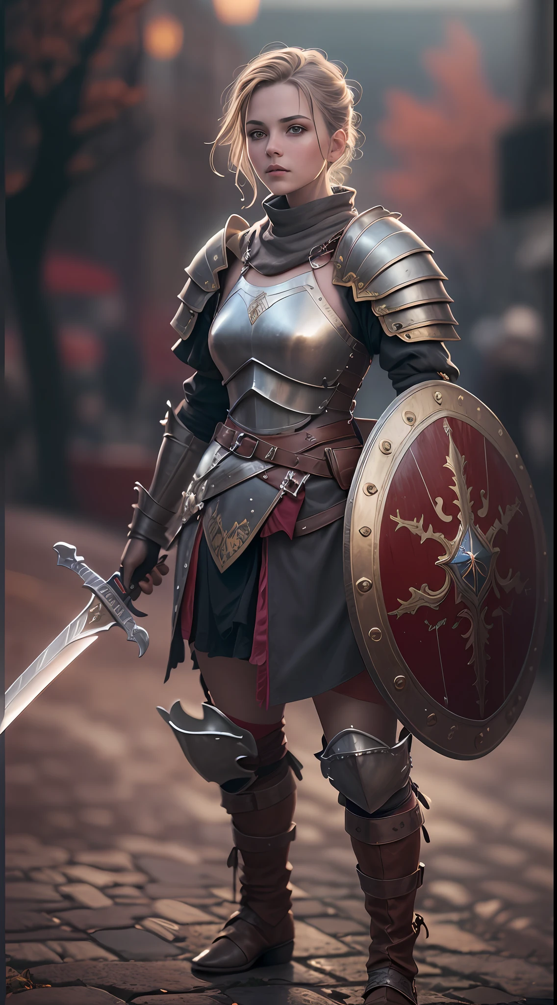 1 girl with full body shot, knight, perfection, hyper real, ultra fine detailed skin, ultra quality, cinematic still, 16k, conceptual contrast, intricate surface detail texture, holding a sword, hold a shield, parade armor, head gear, leather boots, dart road background, portliness atmosphere, natural lighting, new medievalism with fantastic realism,