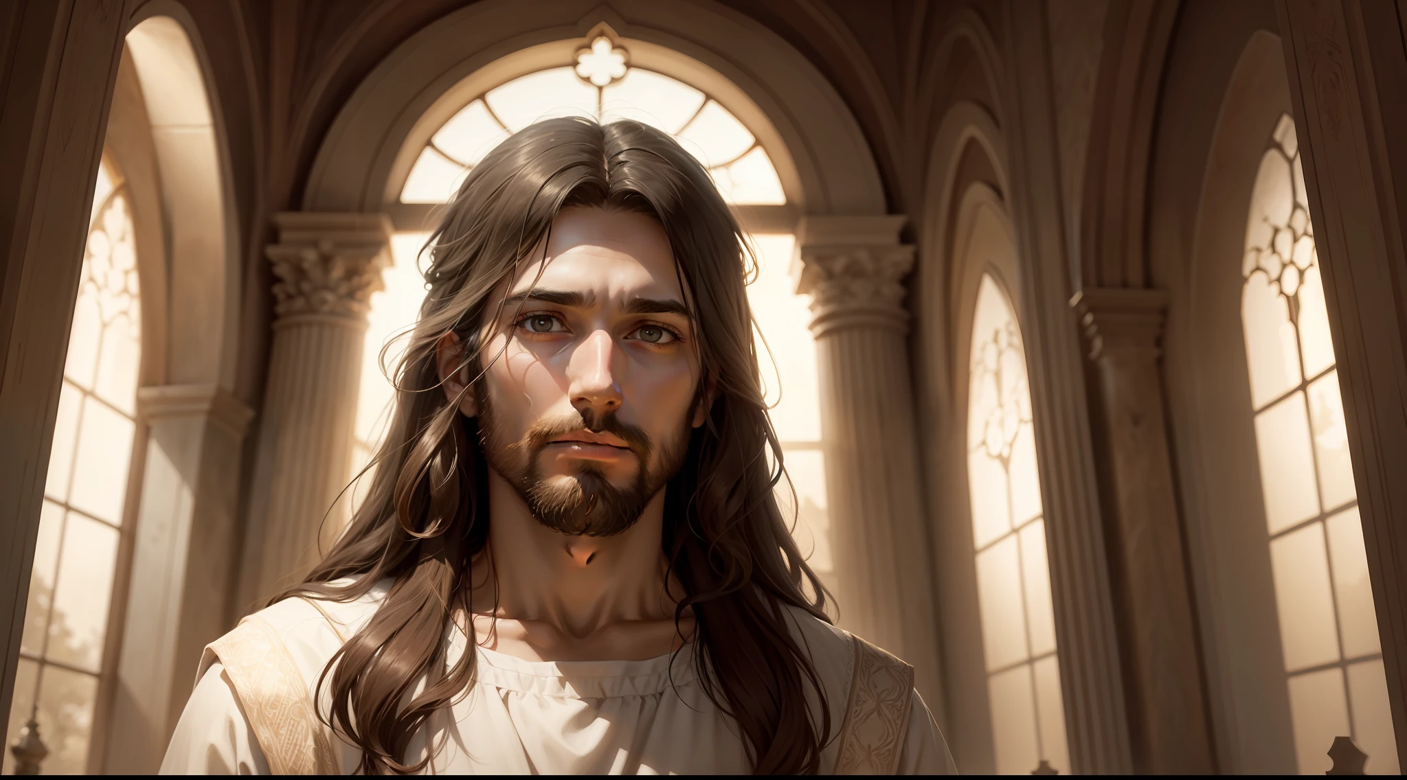 "majestic portrait of Jesus Christ in a serene and divine setting"
