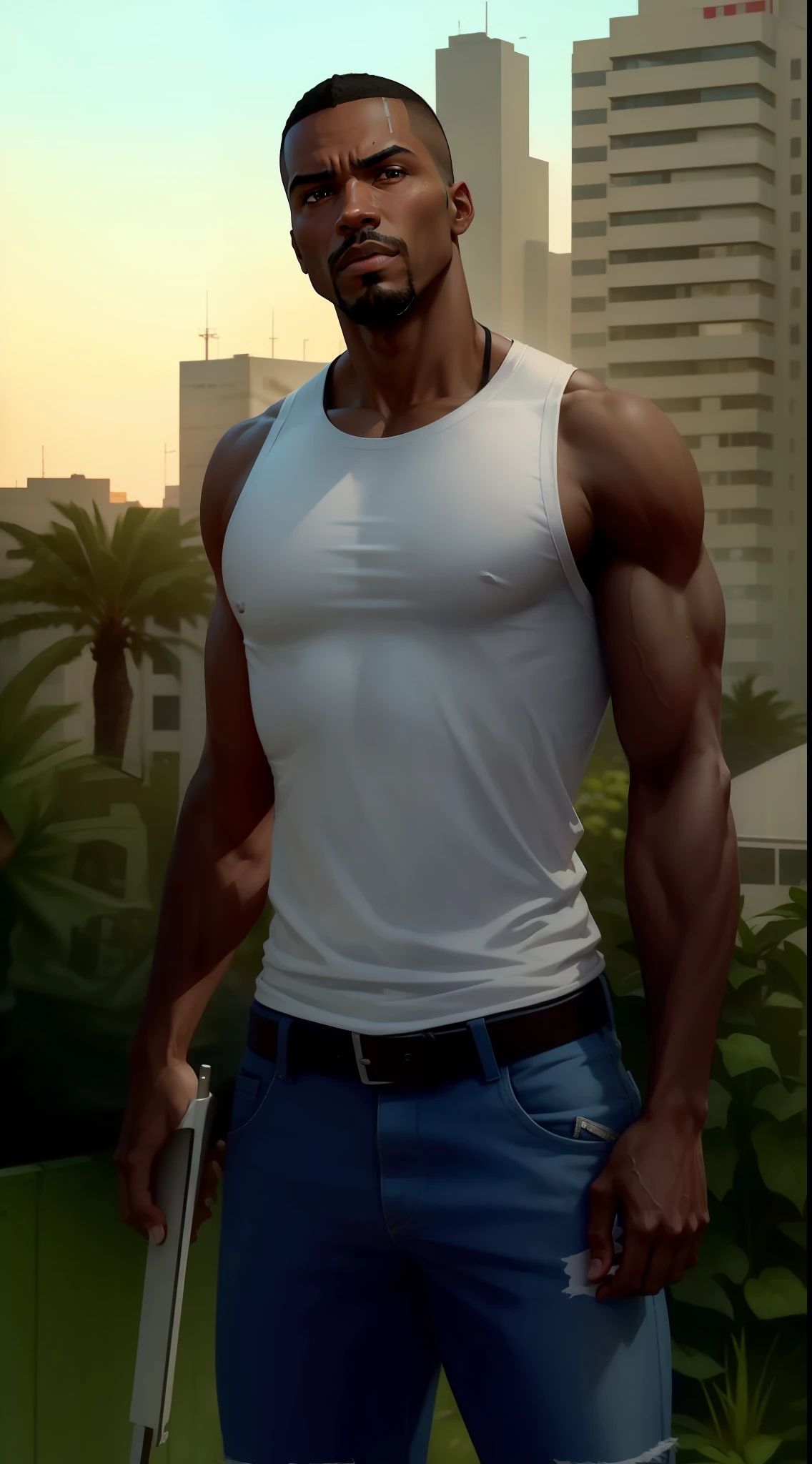 Meet Carl "CJ" Johnson, the tenacious and determined protagonist of Grand Theft Auto: San Andreas, sporting a lean and slim physique, dressed in a plain white t-shirt that emphasizes his transformation and resilience.
After facing numerous challenges and rigorous training during his journey in San Andreas, CJ's once muscular build has evolved into a more streamlined and agile form. The white t-shirt drapes loosely over his lean frame, symbolizing his endurance and determination to overcome the hurdles that come his way.
With a green Grove Street Families bandana wrapped securely around his forehead, CJ's attire pays homage to his roots and unwavering loyalty to his gang. Despite his physical changes, his commitment to protect his family and neighborhood remains unshaken.
The simplicity of the white t-shirt reflects CJ's desire for a fresh start and a new chapter in his life. No longer focused on displaying gang affiliations, he embraces a more modest appearance that aligns with his inner growth and maturity.
CJ's practical and comfortable jeans, along with his worn sneakers, allow him to move swiftly and confidently through the gritty and challenging streets of San Andreas. His attire is a reflection of his adaptability and resourcefulness in navigating the complex urban environment.
The once muscular CJ has transformed into a determined and lean figure, donning a white t-shirt that symbolizes his resilience and willingness to confront any obstacle that stands in his way. As he continues to evolve throughout Grand Theft Auto: San Andreas, CJ's character exemplifies the essence of perseverance and self-discovery amidst a world of turmoil and opportunity.