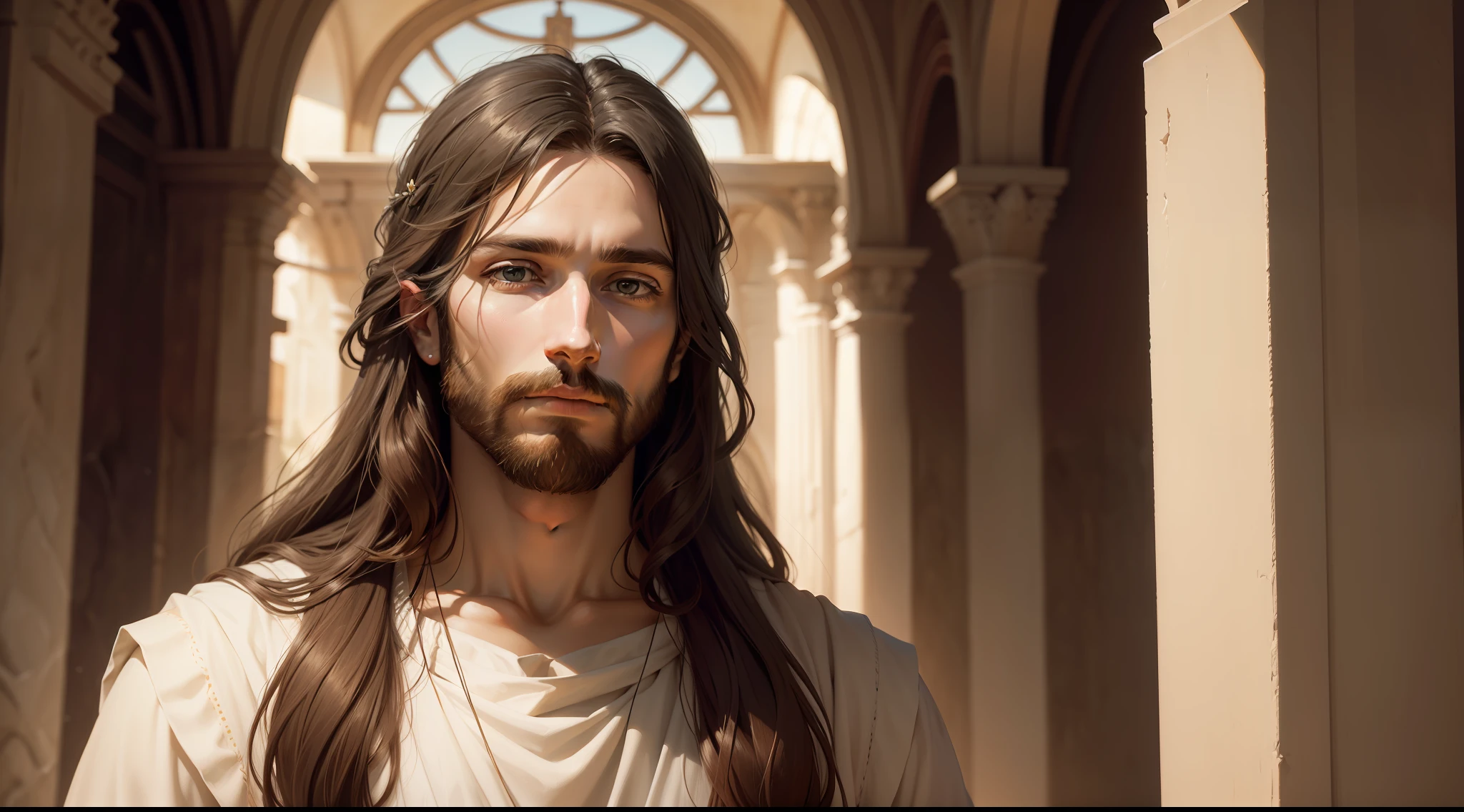 "majestic portrait of Jesus Christ in a serene and divine setting"