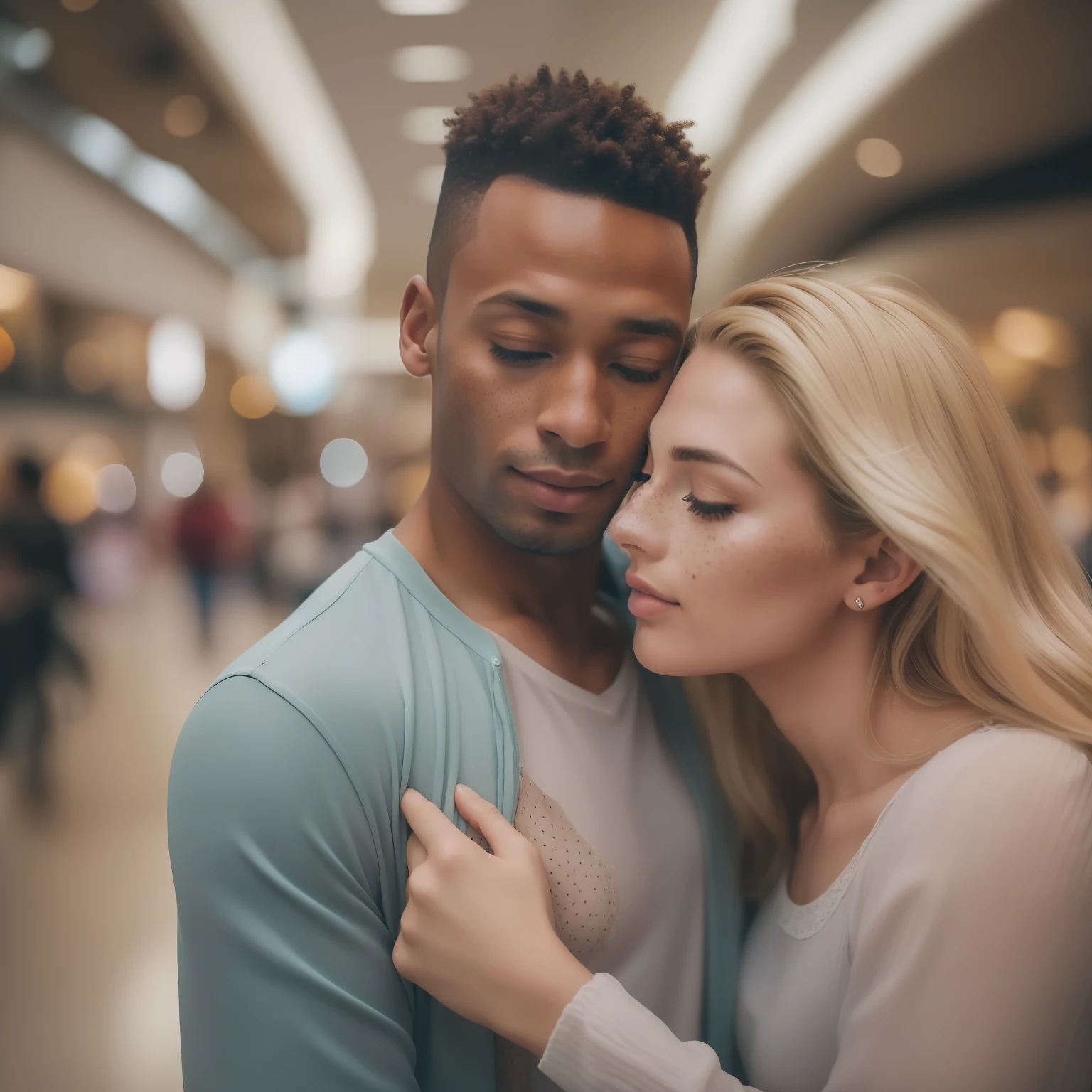 Couple in love hugging and giving a French kiss at the mall, um homem ((30 anos,pele caramelo, com cavanhaque, corte buzz)) E mulher ((americana, 25 anos, pale skin and freckles, olhos cinzas, nariz delicado, soft and delicate lips, cabelo blondie cinza longo e ondulado)), dinamic poses, ultrarrealista HD altamente renderizado fotorrealista, luz natural do dia, Fuji Camera, foto de corpo inteiro