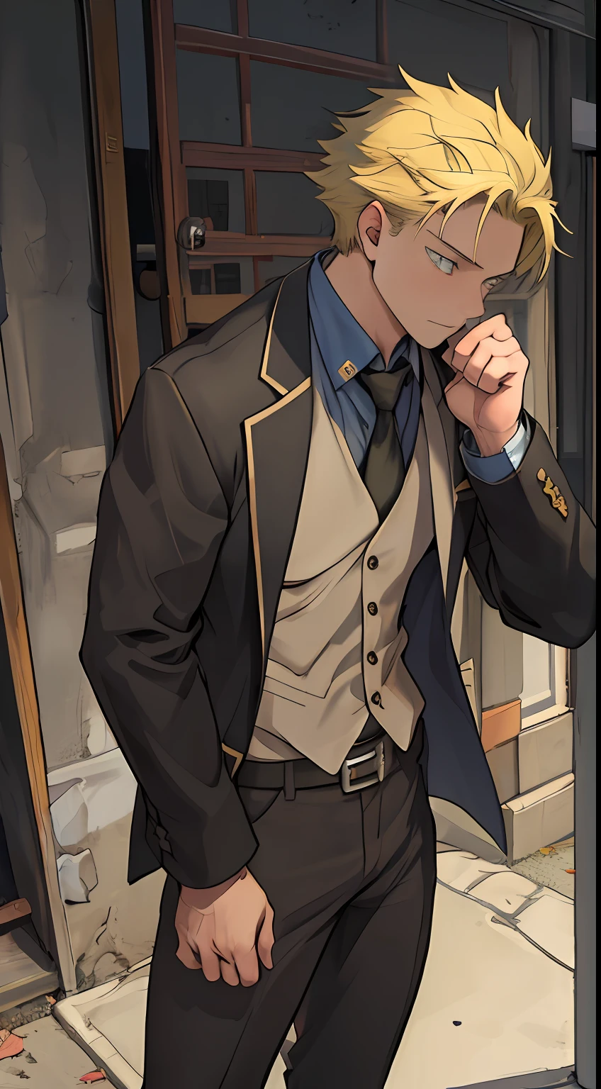 (1 Adult male),A high resolution, Sharp focus, Pixiv masterpiece, ((Complicated details)), highly detailed, natsuki_subaru, 1 man,Defeat, crestfallen,full bodyesbian,kneels on the ground, (A gesture of pleading),blue color eyes(eyes glowing), Short yellow hair,army suit,Wear a tie,Wear a belt,perspire,look from down