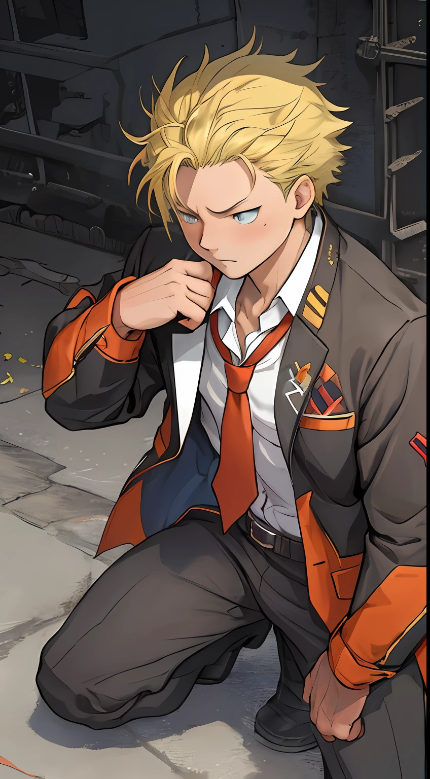 （1 Adult male），A high resolution， Sharp focus， Pixiv masterpiece， （（Complicated details））， highly  detailed， natsuki_subaru， 1 man，Defeat， crestfallen，full bodyesbian，kneels on the ground， （A gesture of pleading），blue color eyes（eyes glowing）， Short yellow hair，army suit，Wear a tie，Wear a belt，perspire，look from down