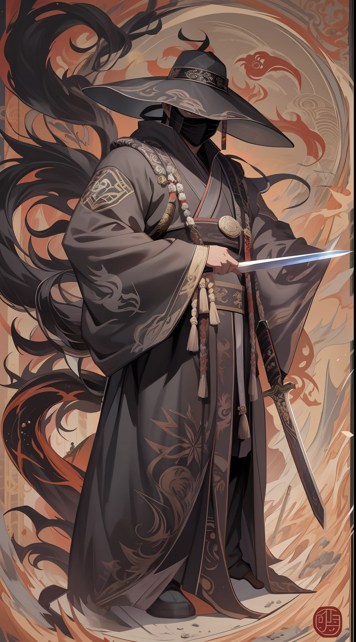 arafed image of a man in a hat and cloak with a sword in front of a yin yin, ying and yang, taoism, taoist master, yin yang, style of mortal kombat, in the style of sifu 🔥 😎 🕹️ 👀 :2, stunning artwork, combination art, hd artwork, duality, yinyang shaped, official artwork