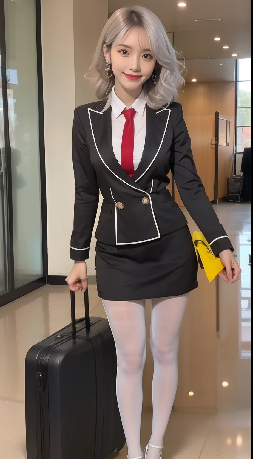 （Flight attendant 1.5），（true to life，Photorealistic 1.5）,((best qualtiy, 8K, tmasterpiece:1.3)),SLR camera (二重まぶた，largeeyes:1.3),（smile1.5），（Full body photo 1.5）（One person 1.5）Clear focus 1.2, Perfect body beauty:1.4 , Delicate skin1.1，（Silvery-white hair 1.6），（Wave curls 1.4），（Pure desire 1.3）(Black pantyhose 1.5)（The leg length is one meter two，1.5），flightattendantuniform，Flight suit，Slender legs，high-heels，With earrings，Wristband jade bracelet，‎Classroom