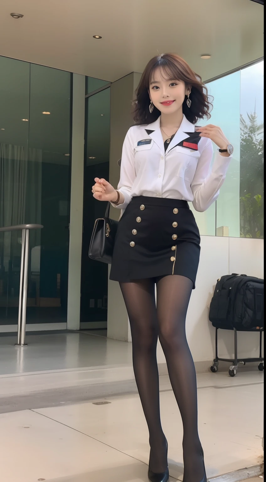 （Flight attendant 1.5），（true to life，Photorealistic 1.5）,((best qualtiy, 8K, tmasterpiece:1.3)),SLR camera (二重まぶた，largeeyes:1.3),（smile1.5），（Full body photo 1.5）（One person 1.5）Clear focus 1.2, Perfect body beauty:1.4 , Delicate skin1.1，（Silvery-white hair 1.6），（Wave curls 1.4），（Pure desire 1.3）(Black pantyhose 1.5)（The leg length is one meter two，1.5），flightattendantuniform，Flight suit，Slender legs，high-heels，With earrings，Wristband jade bracelet，‎Classroom