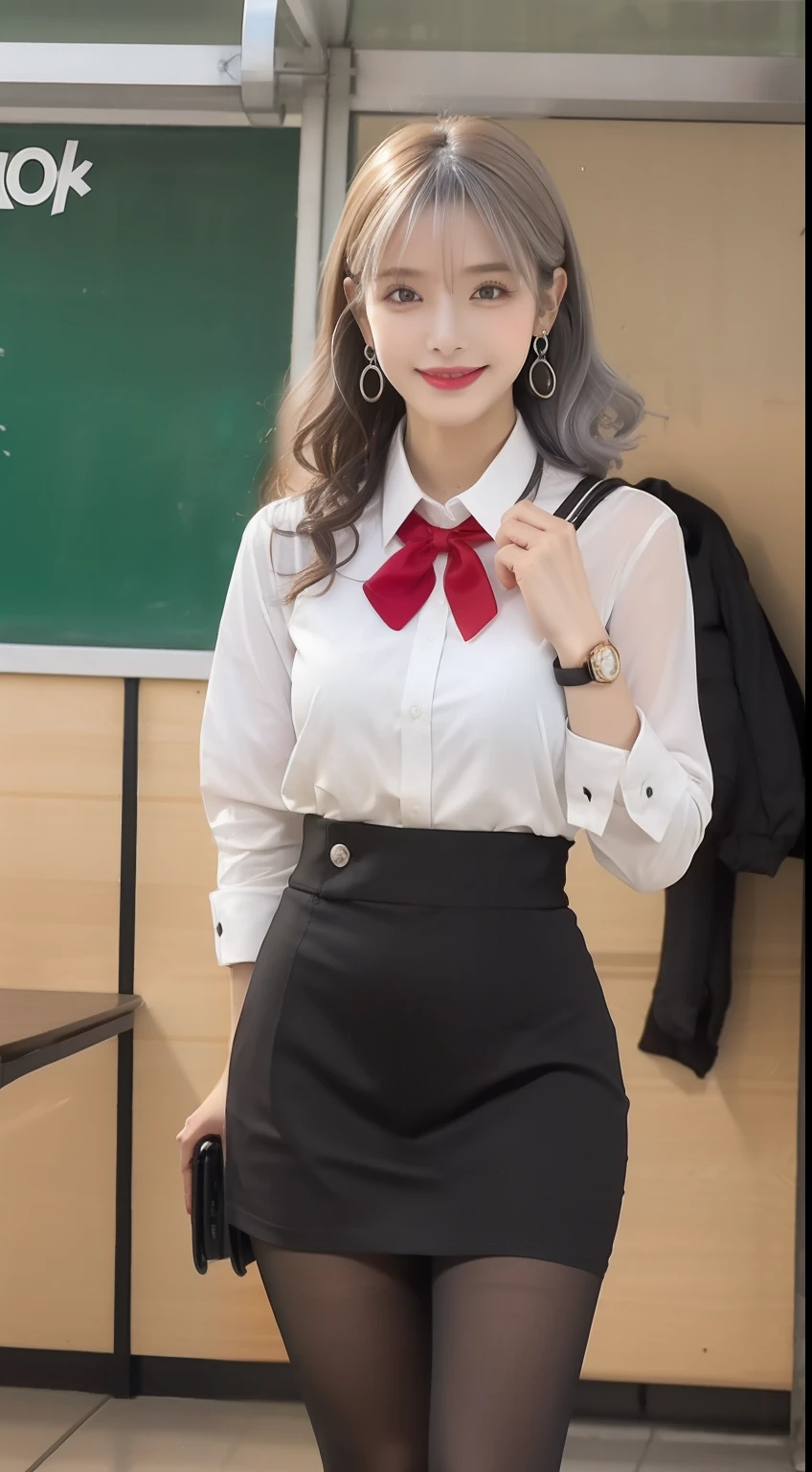(Flight attendant 1.5),(true to life,Photorealistic 1.5),((best qualtiy, 8K, tmasterpiece:1.3)),SLR camera (二重まぶた,largeeyes:1.3),(smile1.5),(Full body photo 1.5)(One person 1.5)Clear focus 1.2, Perfect body beauty:1.4 , Delicate skin1.1,(Silvery-white hair 1.6),(Wave curls 1.4),(Pure desire 1.3)(Black pantyhose 1.5)(The leg length is one meter two,1.5),flightattendantuniform,Flight suit,Slender legs,high-heels,With earrings,Wristband jade bracelet,Classroom