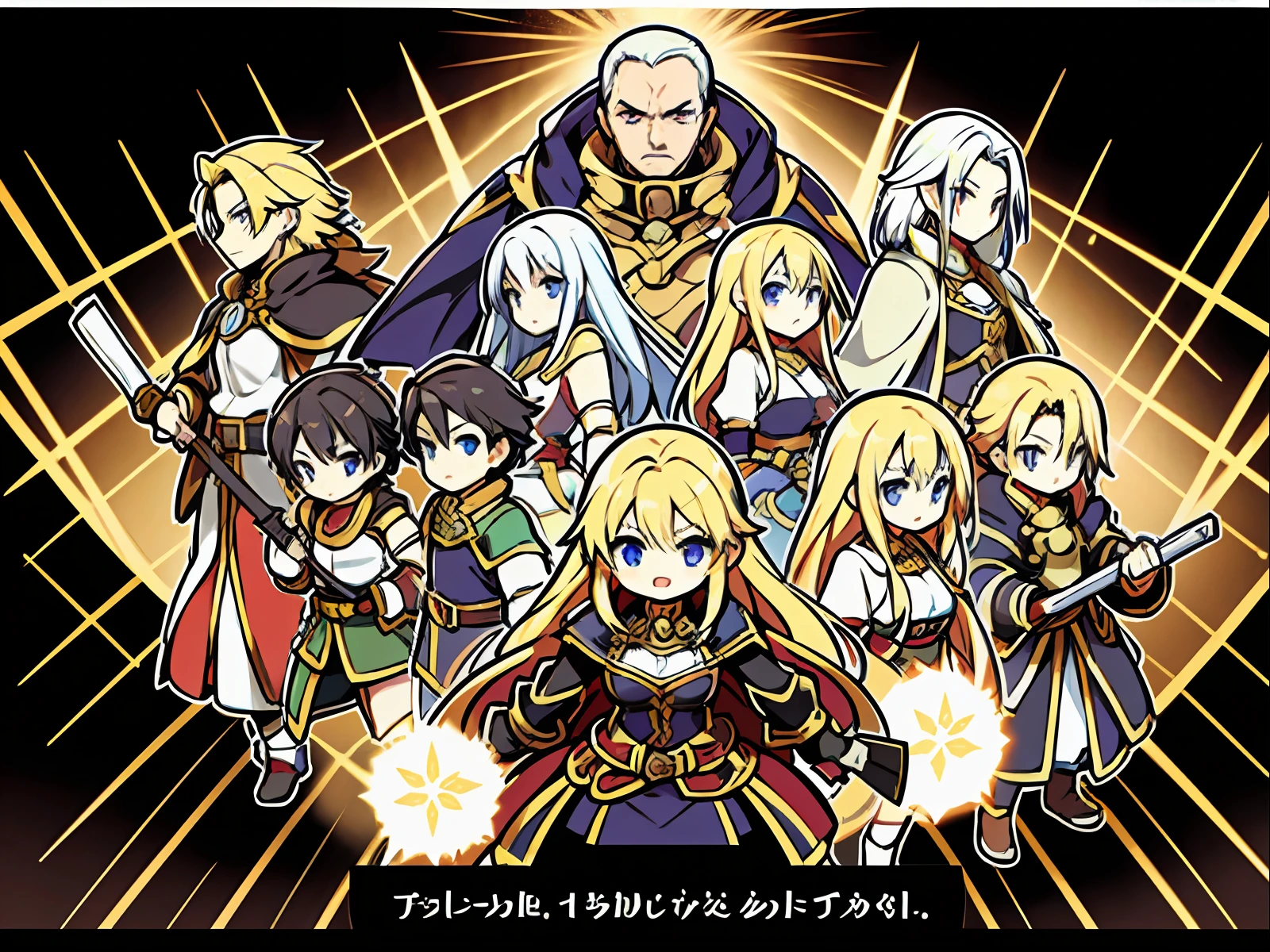 cover for book, cover for JRPG title, featuring many characters, golden frames, rpg class, rpg art style, rpg portrait, rpg artwork, lot of characters, a lot of characters, multiple figures
