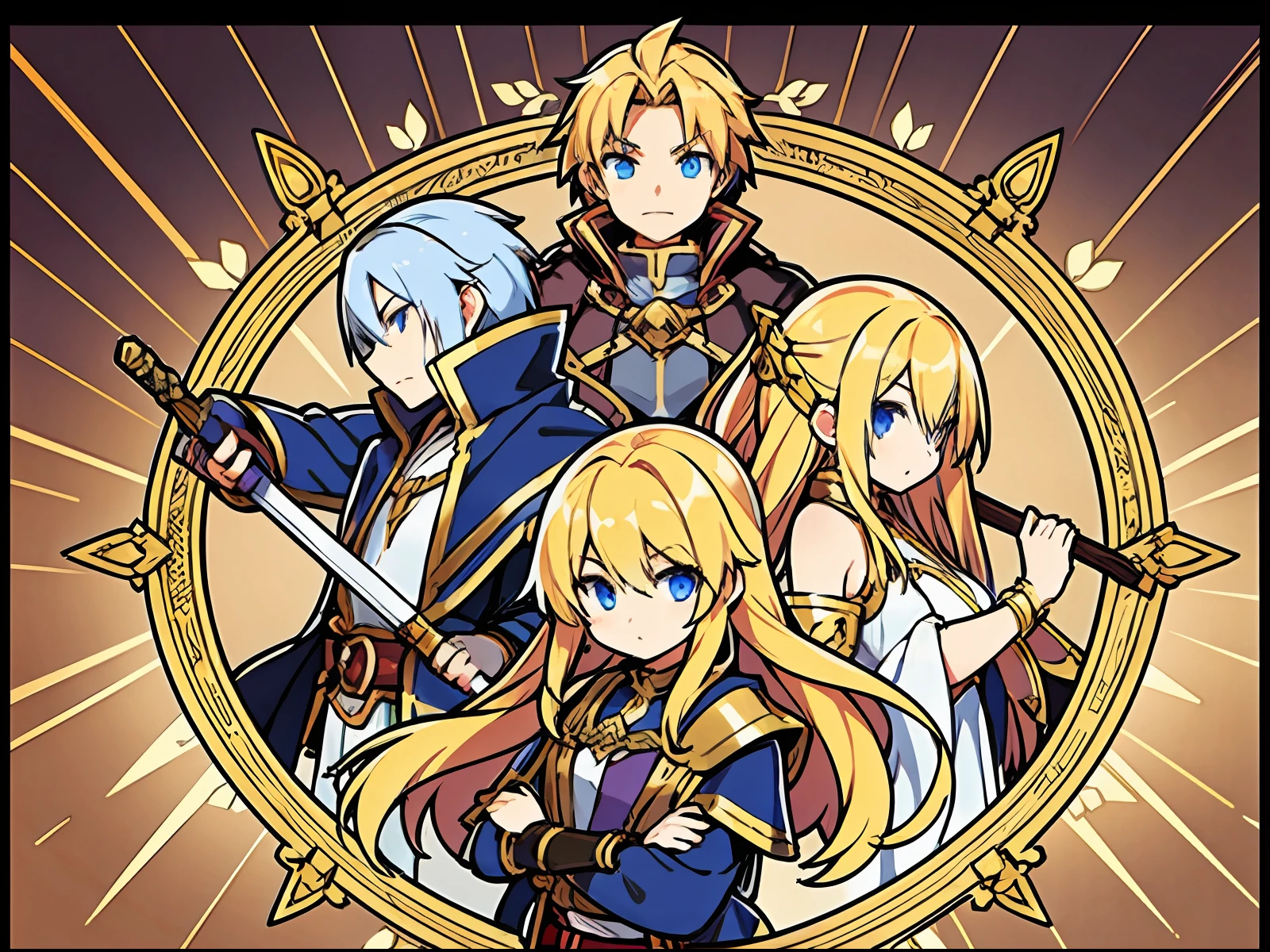 cover for book, cover for JRPG title, featuring many characters, golden frames, rpg class, rpg art style, rpg portrait, rpg artwork, lot of characters, a lot of characters, multiple figures