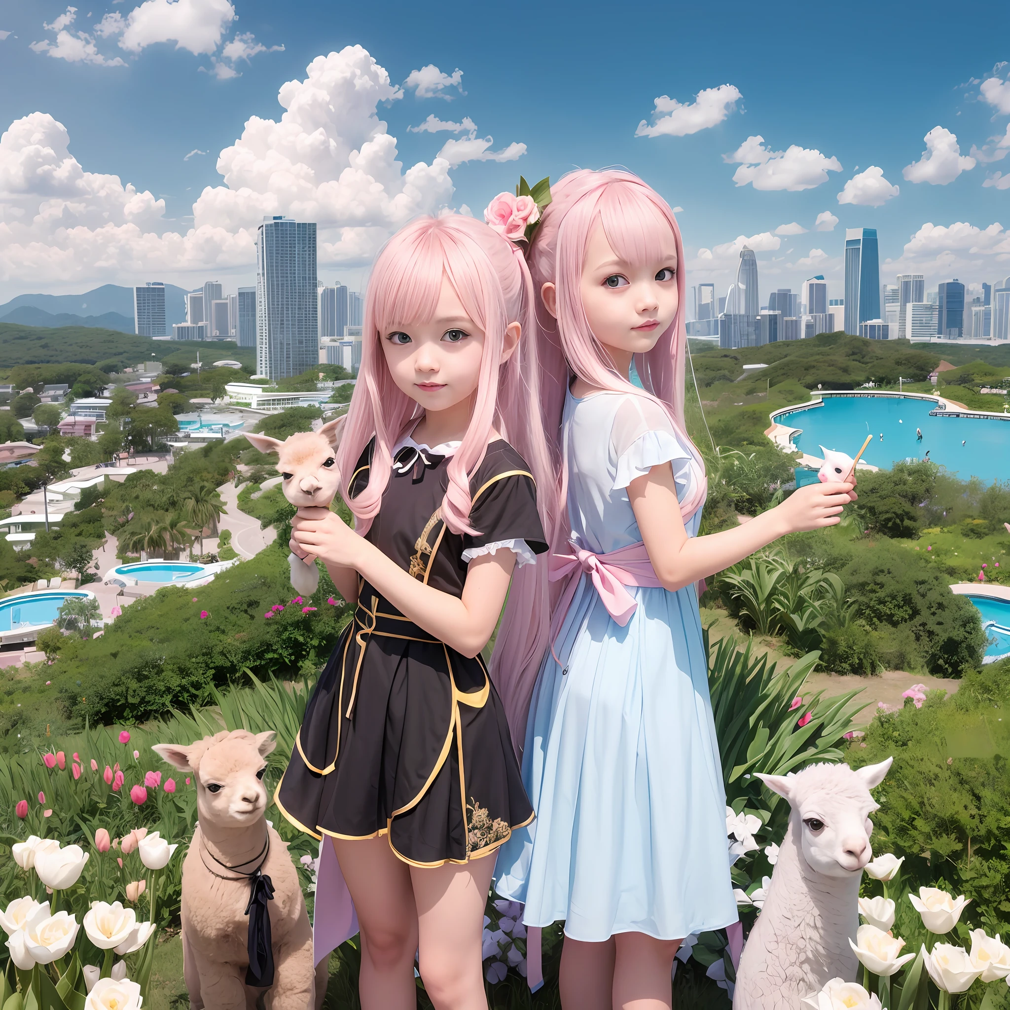 180-storey infinity pool,The tallest building in the city's forest,Sports Center,Bonsai around,Luo Han Song,coconut palms,coconut crab,tulips,Rose flower,Tease the alpacas to play,There were five little girls wearing openwork translucent stockings,Pouting and smiling,is shy,Pout,Pink, gold, White, Blue, Five colors, Two-tailed hair and cyan eyes,Anime little girl in servant costume