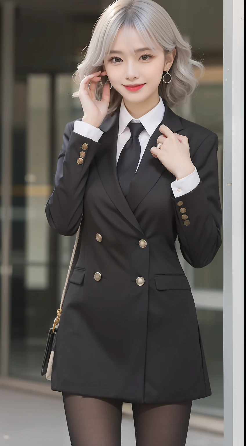 (Flight attendant 1.5),(true to life,Photorealistic 1.5),((best qualtiy, 8K, tmasterpiece:1.3)),SLR camera (二重まぶた,largeeyes:1.3),(smile1.5),(Full body photo 1.5)(One person 1.5)Clear focus 1.2, Perfect body beauty:1.4 , Delicate skin1.1,(Silvery-white hair 1.6),(Wave curls 1.4),(Pure desire 1.3)(Black pantyhose 1.5)(The leg length is one meter two,1.5),flightattendantuniform,Flight suit,Slender legs,high-heels,With earrings,Wristband jade bracelet,Classroom