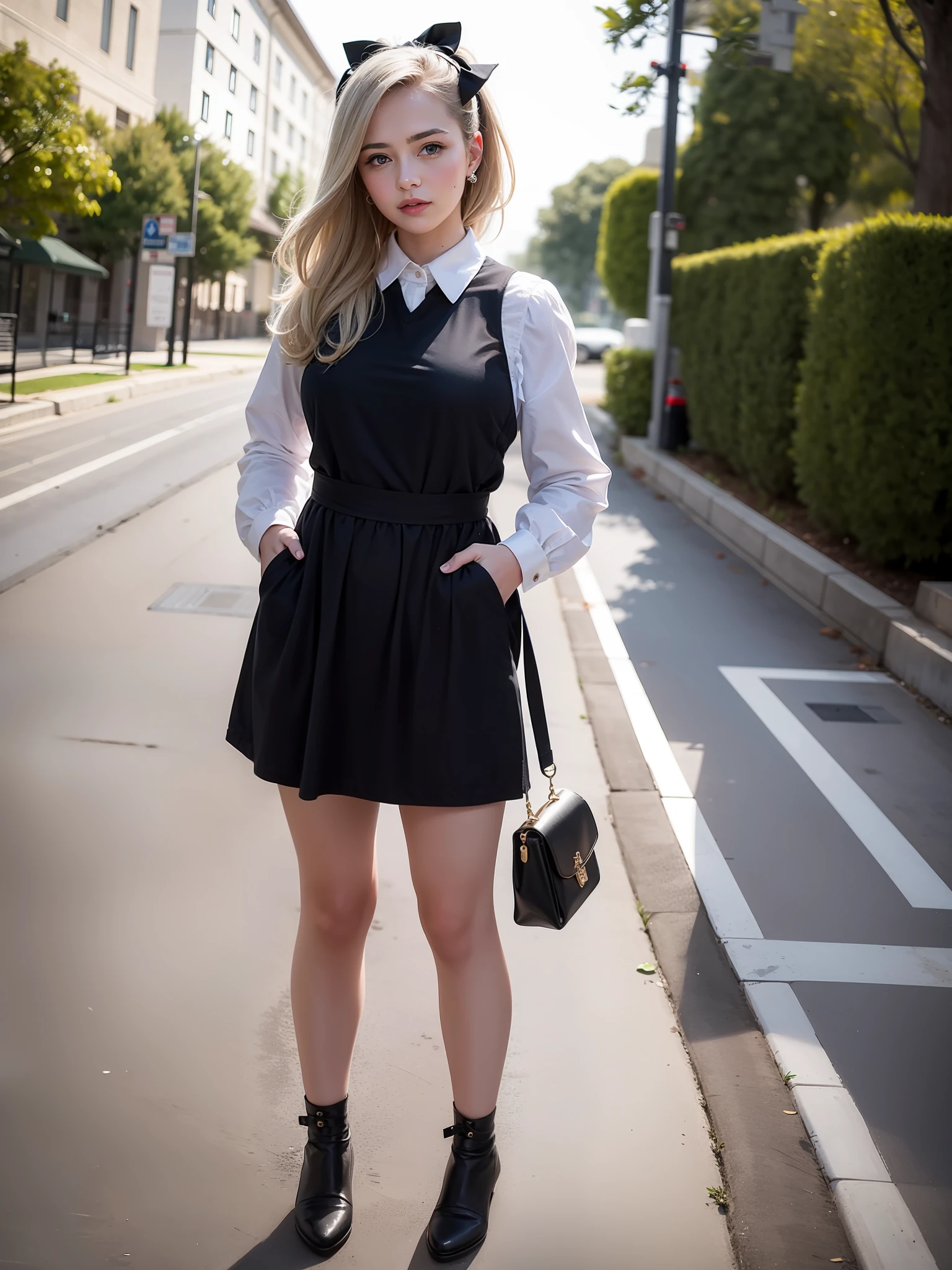 1girl, standing, full body, delicate face, white hair bow, blonde_hair	,realistic photo, a realistic photo,(photo realistic:1.1), best quality, masterpiece, ultra high res, (8k, RAW photo:1.1