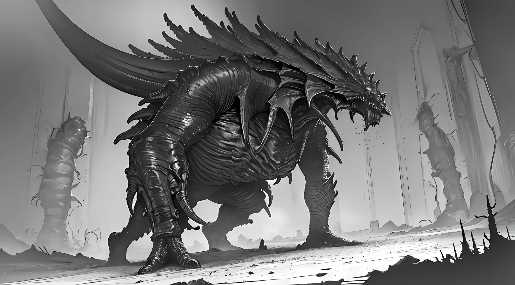masterpiece, best quality, highres, ultra-detailed, dark night, horror, creepy king of ancient evil creature, abandoned mine, monochromatic (manga spread by kentaro miura, tsutomu nihei)