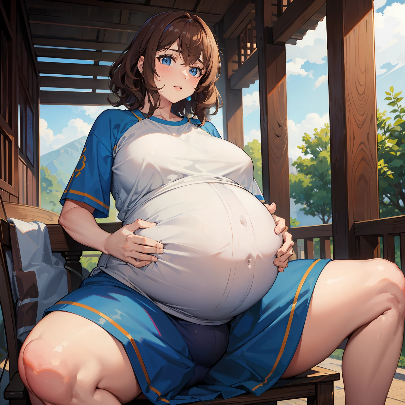 Brown short curly hair, blue eyes, pregnant, huge belly, sitting, hands on belly