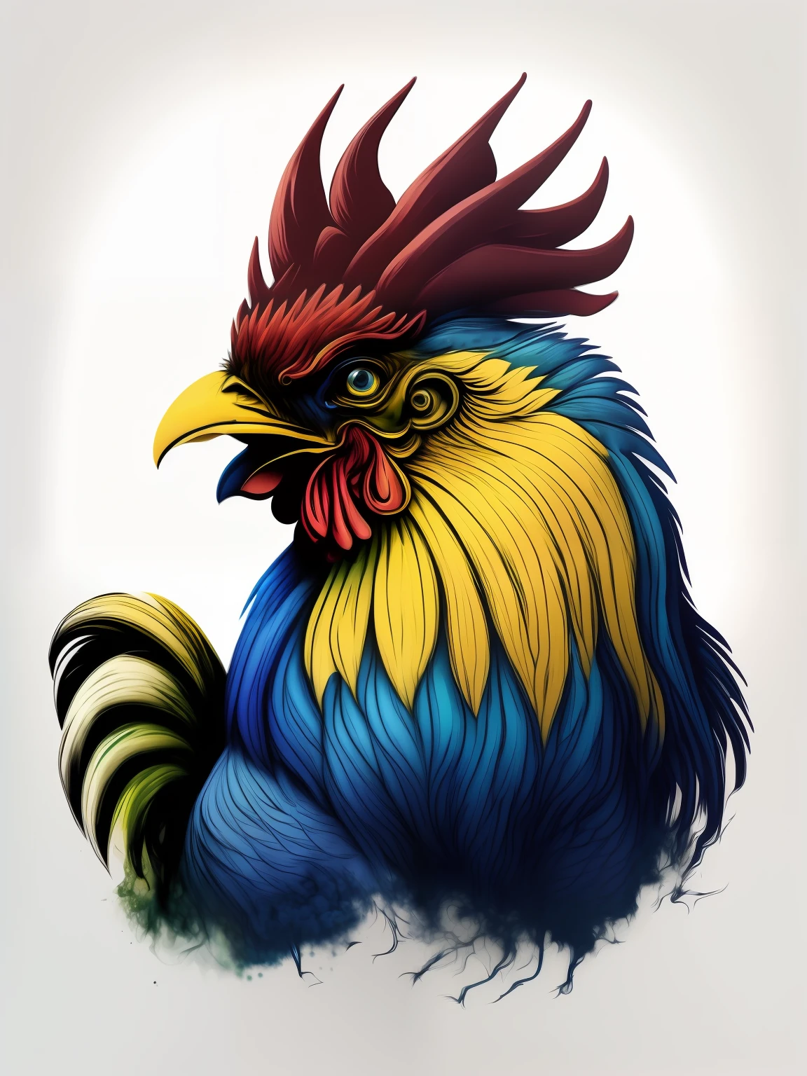 Chicken head, rooster head, white background, blue, yellow and green ink color gradient