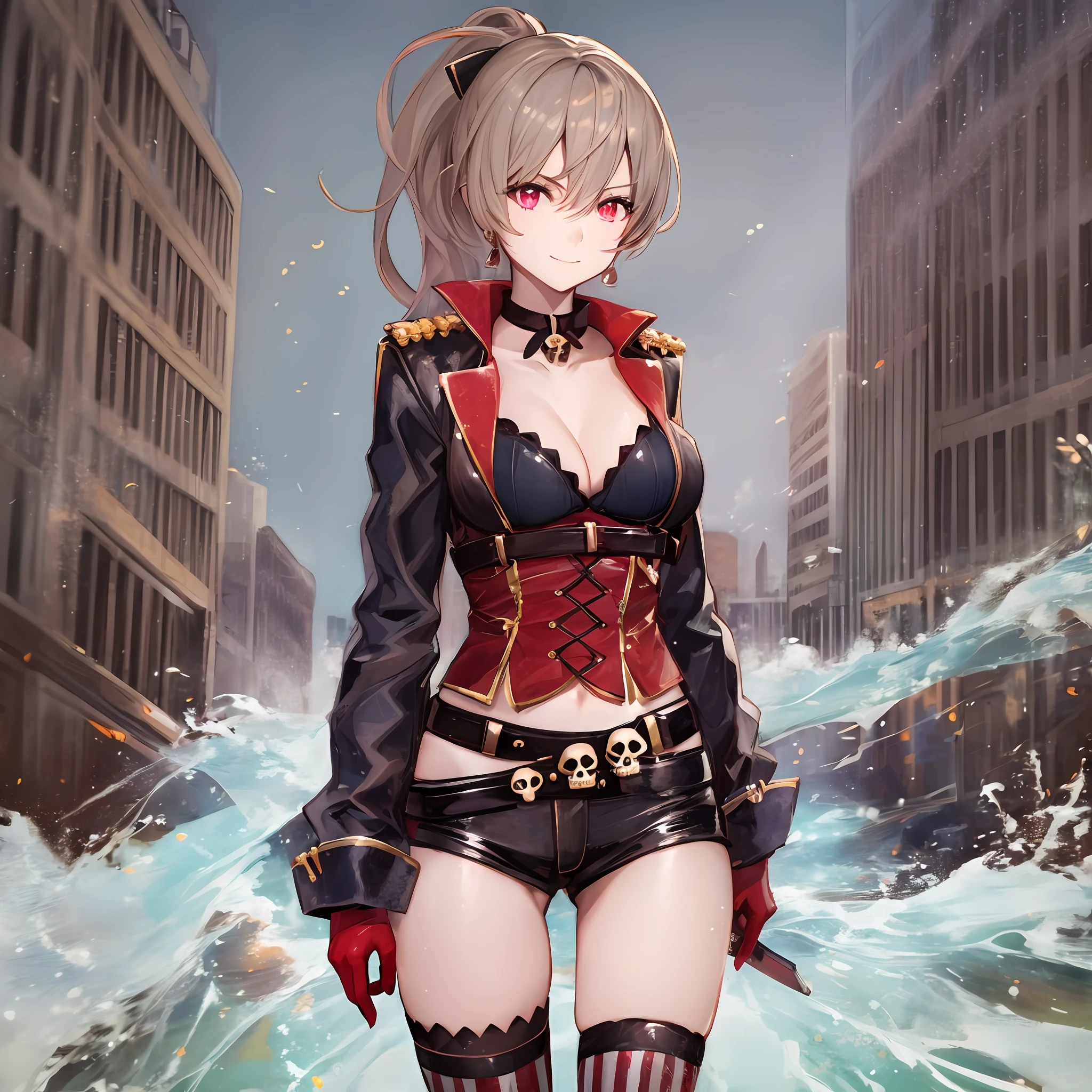 1girl,masterclass,best quality, illustration, smile, outdoor, watercraft,standing,cowboy_shot, JeanBartDefault, aiguillette, epaulettes,   black_belt, black_choker, black_jacket, black_shorts,   cleavage,  collarbone, earrings, half_gloves,  high_heels, long_sleeves,   midriff_peek, o-ring_choker,  red_gloves,  short_shorts,   single_thighhigh,  skull_belt,  vertical-striped_thighhighs,   mismatched_legwear,  hair_bow, red_jacket,   red_corset, high_ponytail, black_bow, high_collar,