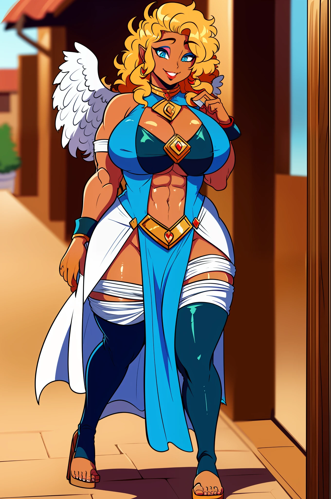 blond hair, sexy hair, muscle girl huge breast, revealing cloths, darkskinned-female, makeup, red lips, bimbo, angel, cupidon, long dress, walking, angel wings, pants, , flip flops, smile, medieval village