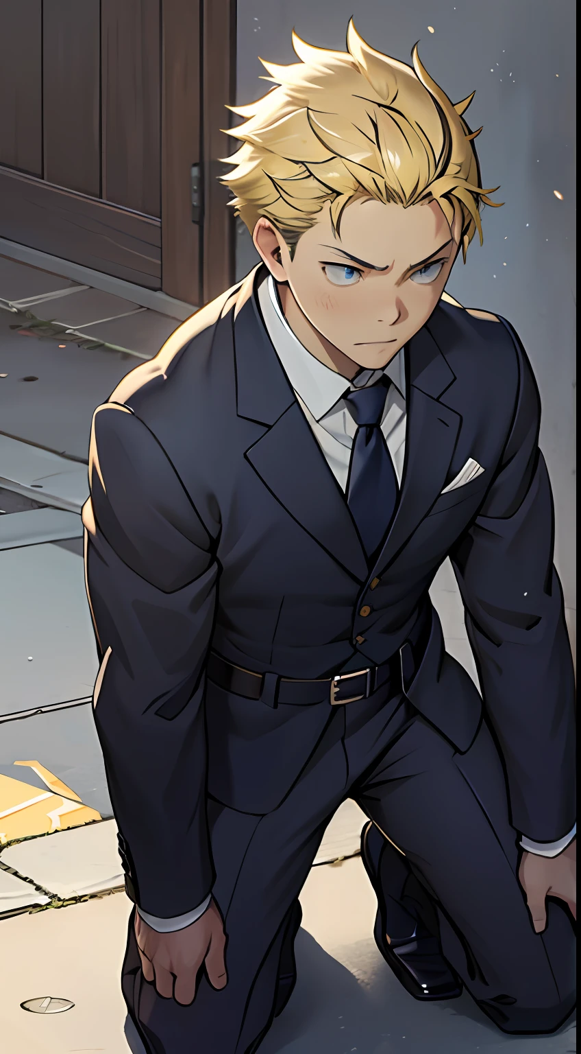 (1 Adult male),A high resolution, Sharp focus, Pixiv masterpiece, ((Complicated details)), highly detailed, natsuki_subaru, 1 man,Defeat, crestfallen,full bodyesbian,kneels on the ground, (A gesture of pleading),blue color eyes(eyes glowing), Short yellow hair,army suit,Guard of honour,Wear a tie,Wear a belt,perspire,look from down
