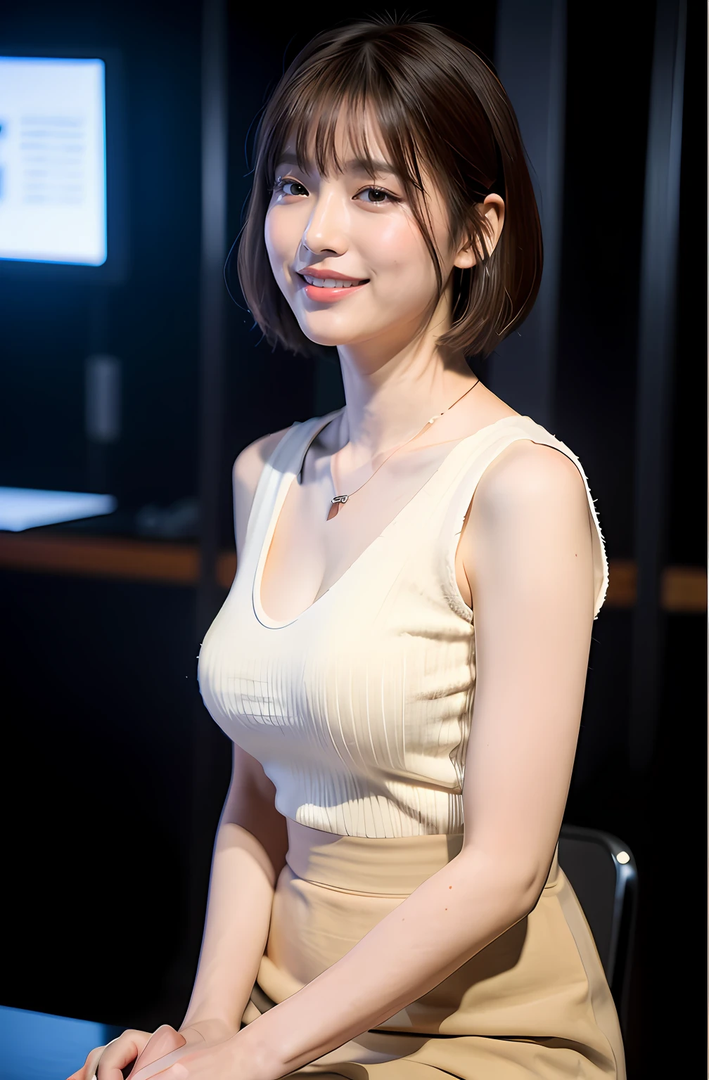((8K:1.27)、top-quality、​masterpiece、超A high resolution:1.2)Photo beautiful Chinese woman(pleasing:1.1) (The shirt:1.21) Elegance、There is a good、Gradient lighting、1girl in、Delicate skin、Look here、Brown-eyed、(short hair with bangs:1.2)、(breasts are large:1.0)、(medium areola:0.8)、(realisitic:1.4)、(top-quality:1.0)、(超A high resolution:1.0)、8K、Raw photography、(​masterpiece:0.2)、(pureerosface_v1:0.5)、 Light beige clothing、pleatedskirt、Sleeveless、a necklace、Kamimei、date、excited expressions、Red cheeks、want me、Staring at this、subject、Lean、Look here、meeting room、meeting、meeting room、Monitors、Laugh、Futomo、sandal、Beautiful thighs、Kinda chubby、Beautiful thighs、????? through、From the knee up、presentation、