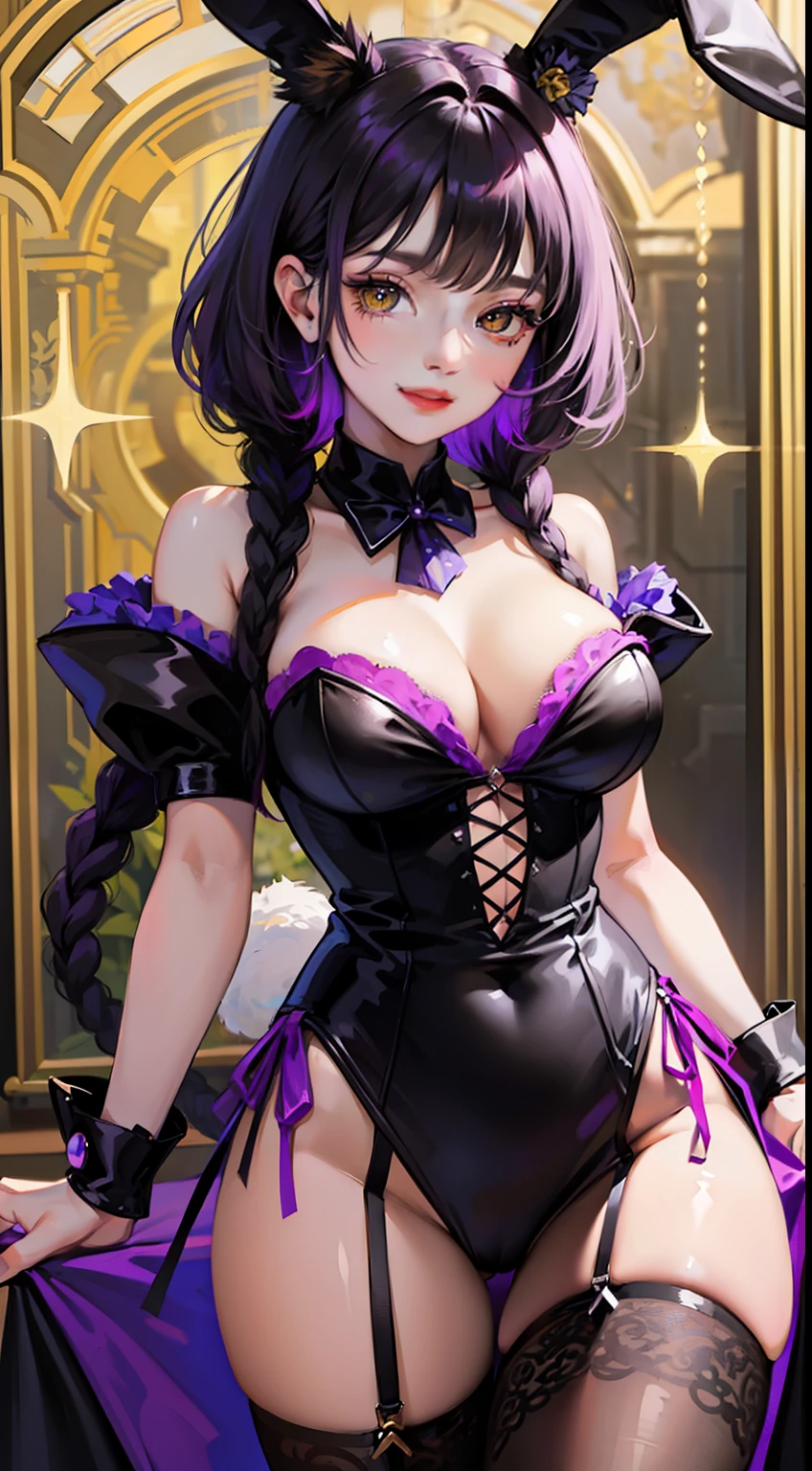 young girl, short black and purple hair, Short braid, bunny ears, Yellow eyes, purple lipstick, Gothic dress, open breasts, Smile, Masterpiece, hiquality