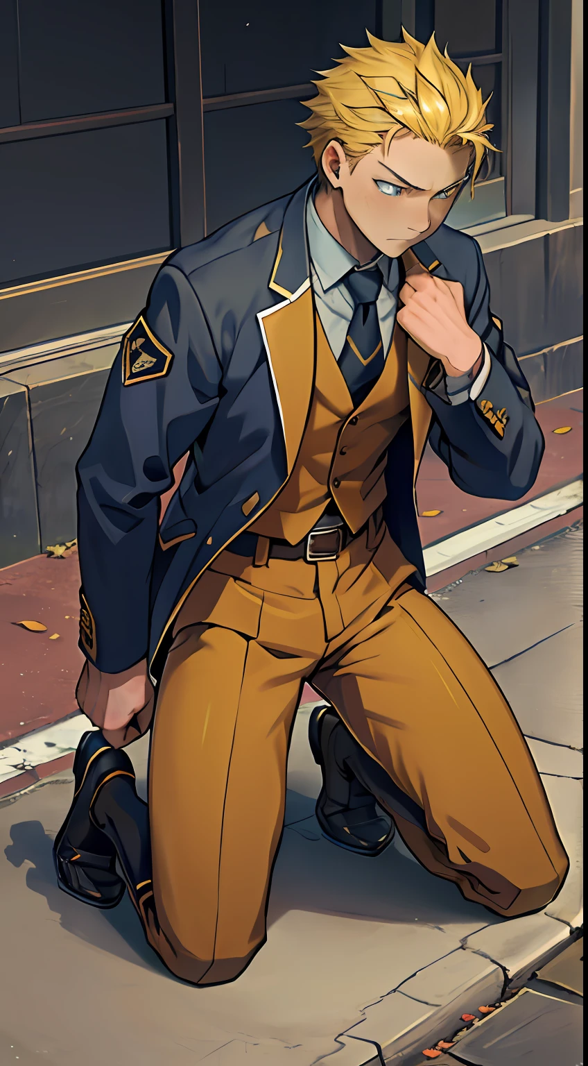 （1 Adult male），A high resolution， Sharp focus， Pixiv masterpiece， （（Complicated details））， highly  detailed， natsuki_subaru， 1 man，Defeat， crestfallen，full bodyesbian，kneels on the ground， （A gesture of pleading），blue color eyes（eyes glowing）， Short yellow hair，army suit，Guard of honour，Wear a tie，Wear a belt，perspire，look from down