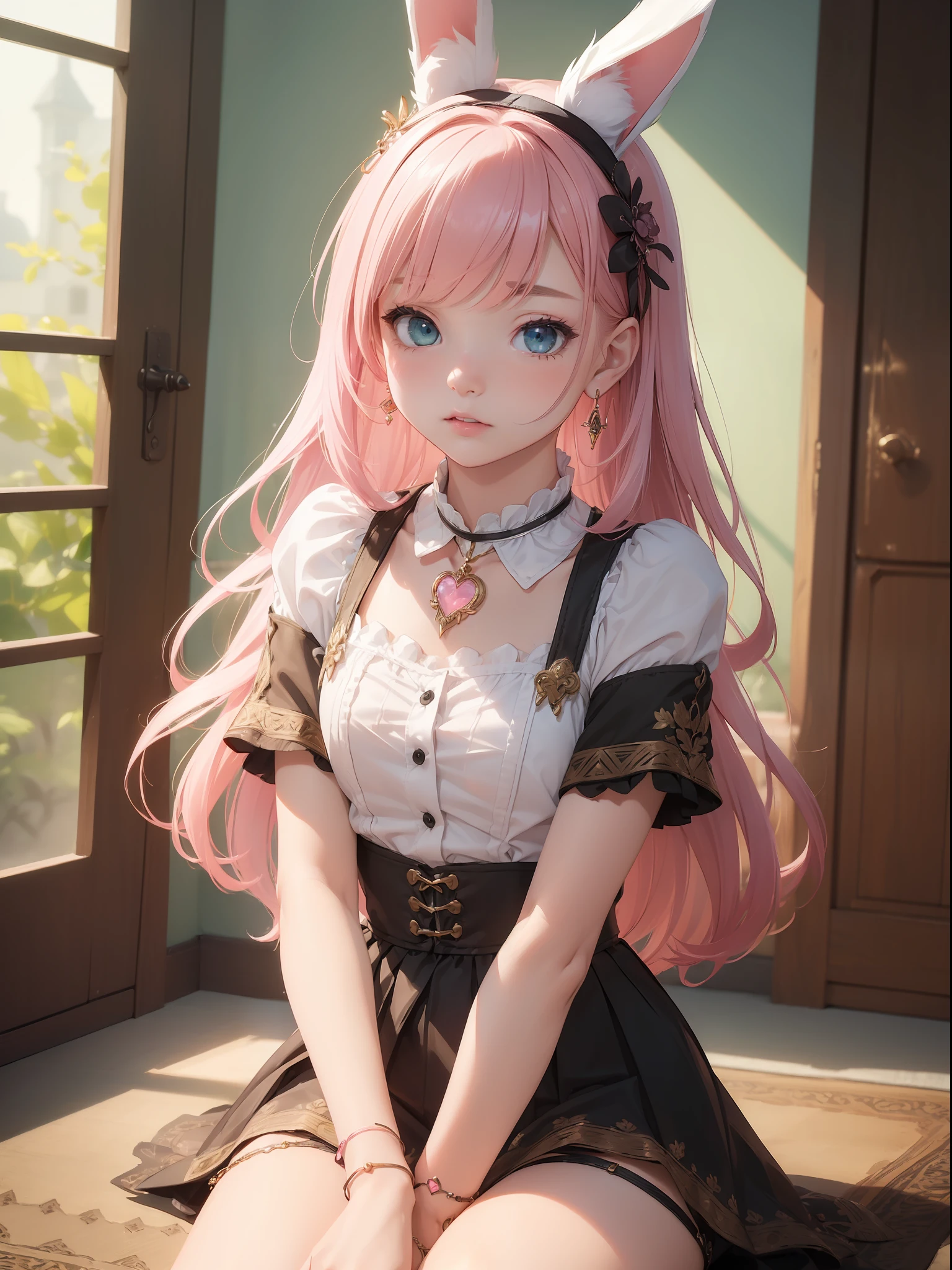 (((((???))))),、1girl, solo, jewelry, pink hair, animal ears, hair ornament, green eyes, fake animal ears, shirt, rabbit ears, heart, chest, white shirt, skirt, cheeks, looking at the audience, parted lips , short sleeves, hairpin, black skirt, watch, necklace, ribbon, long hair, bracelet, sitting, bangs, earrings, hand to face, perspective, watch, hand to cheek, (Dynamic Pose, Very detailed and beautiful girl, intricate-detail, Beautiful detailed girl, Game CG, Highly detailed body, delicate and intricate hair, realistic and detailed face, Highly detailed eyes and face, Intricate details are beautiful and delicate eyes, Delicate arm and  hands, Human Hands, Real skin texture, Exquisite fabric, plein air, Indoor , beautiful and clear background, absurdity, High-precision details, Highly detailed CG Unity 8K, Ultra-detailed)