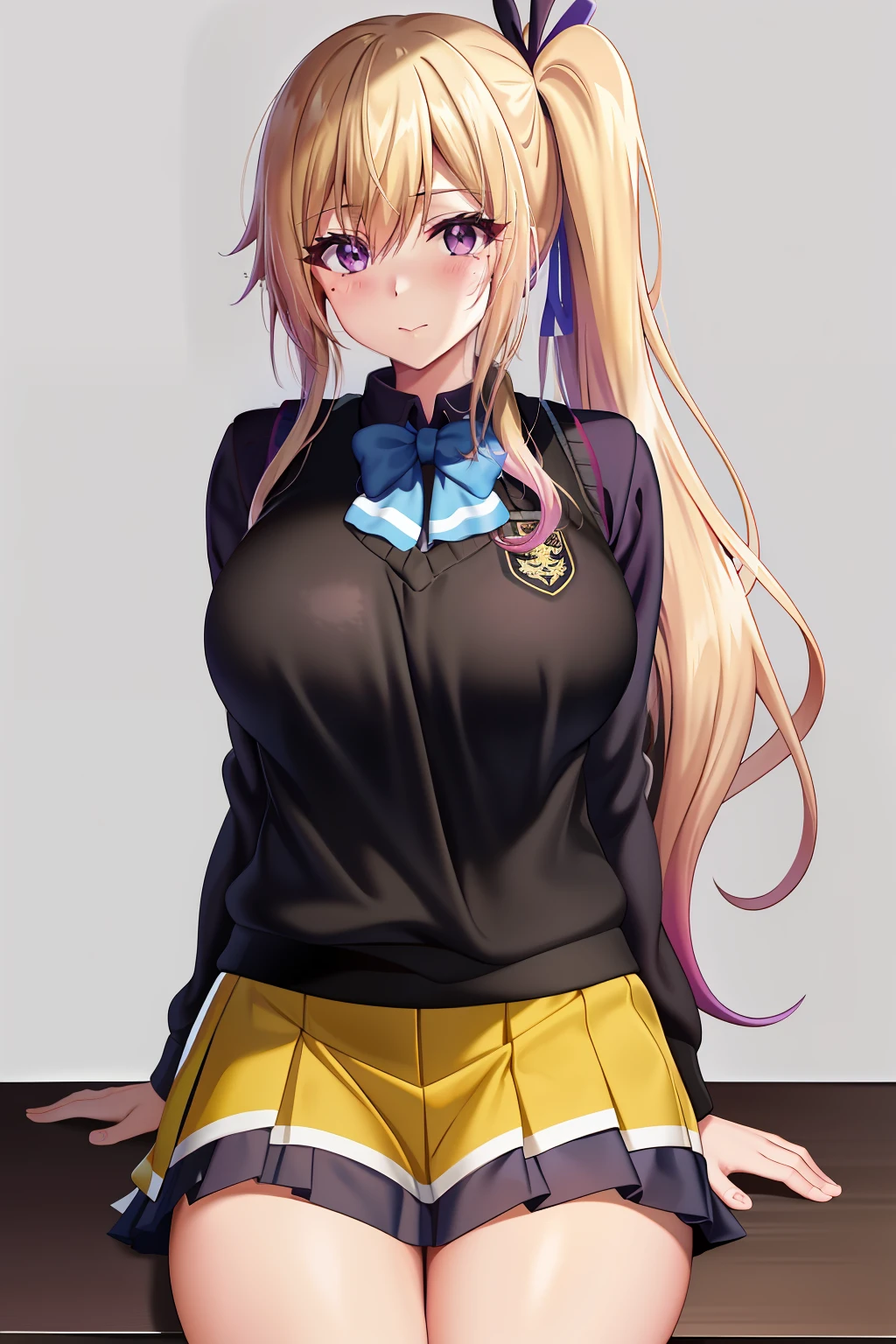 kawakami_Mai, Blonde hair, Side ponytail, Purple eyes, Long hair, bangs, Gradient hair, dark mole,
Large breasts, school uniform, Black shirt, Yellow sweater vest, White pleated skirt, Sneakers, Black socks,   (Masterpiece:1.0), (Best quality:1.0), (8K wallpaper:1.0), Extremely delicate and beautiful, (Beautiful detailed face:1.0), (Detailed deep eyes),  Symmetrical breasts, Deep eyes