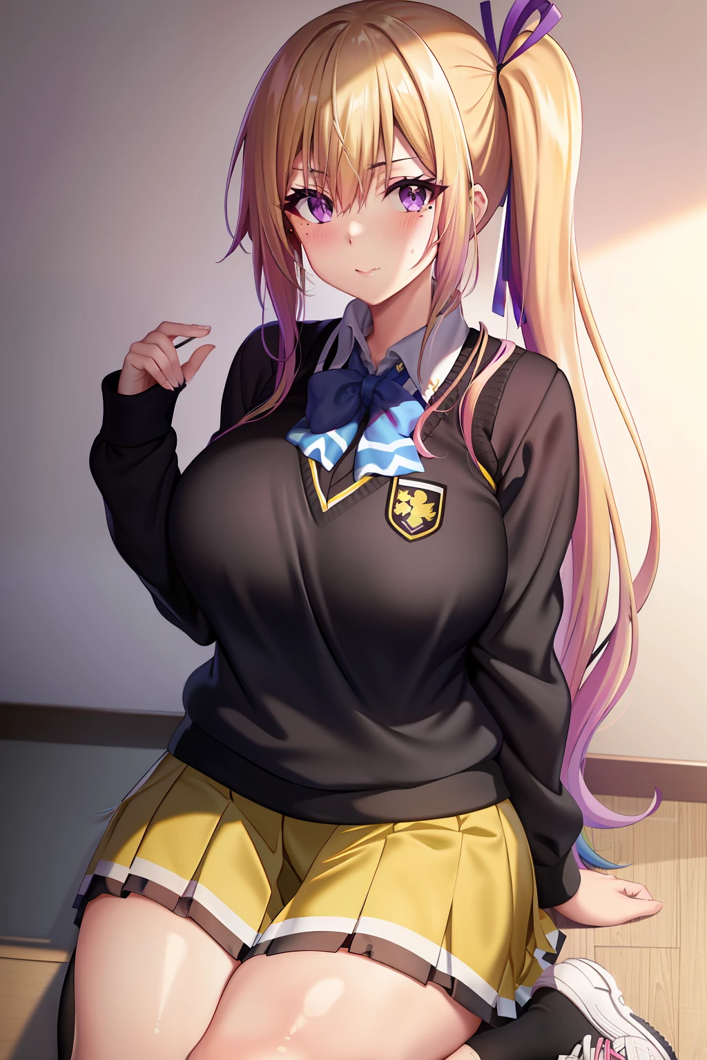 kawakami_Mai, Blonde hair, Side ponytail, Purple eyes, Long hair, bangs, Gradient hair, dark mole,
Large breasts, school uniform, Black shirt, Yellow sweater vest, White pleated skirt, Sneakers, Black socks,   (Masterpiece:1.0), (Best quality:1.0), (8K wallpaper:1.0), Extremely delicate and beautiful, (Beautiful detailed face:1.0), (Detailed deep eyes),  Symmetrical breasts, Deep eyes