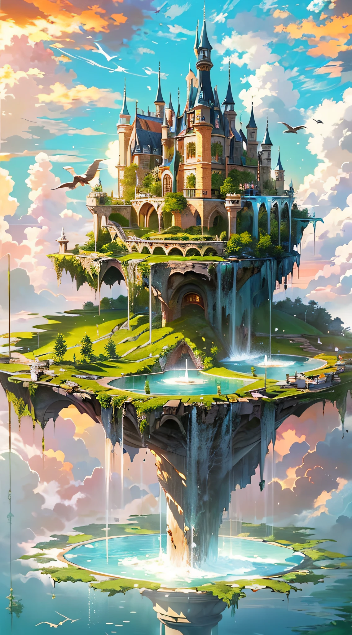 Upside Down World:2, (an artist's design of a floating Castle on the floating the land and Forest and Fountain in the air, above the A few clouds and thunderstorms)1.4, bird's-eye view, scenery, setting sun, no humans, a fantastic magical world,  (Best quality), (masterpiece:1.3), (photorealistic:1.36), (realistic), ultra-detailed,, detail background,