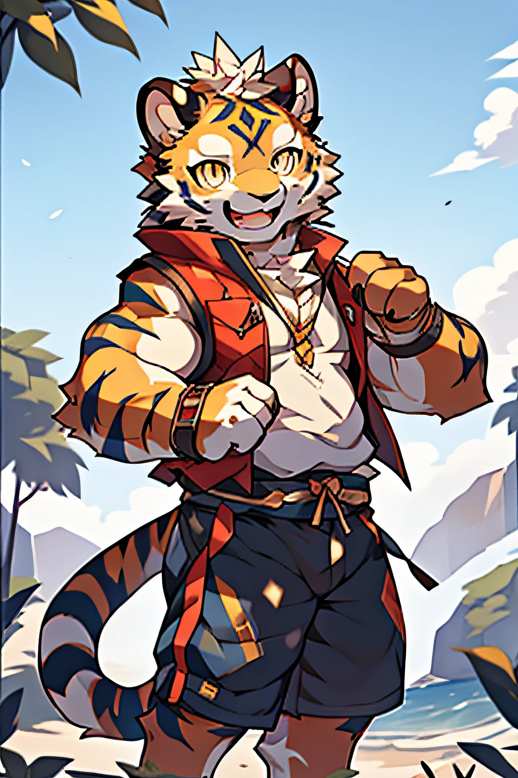 Little Shota with a warm glow,Anthropomorphism of the Nian Beast,A beautiful day in the sky,Dressed in shorts and a furry vest,Transformed into a human tiger of Bai Ye,The hair was dyed bright yellow,The eyes reflect black and yellow pupils,Abdominal muscle firmness is visible,The mouth is open, and the laughter is full of joy,Detailed face rendering gives CG realistic visuals,A photographic way to shoot,Holding the drum tightly in his hand,Convey pleasure and joy to every viewer。A furry artistic journey unfolds before your eyes。