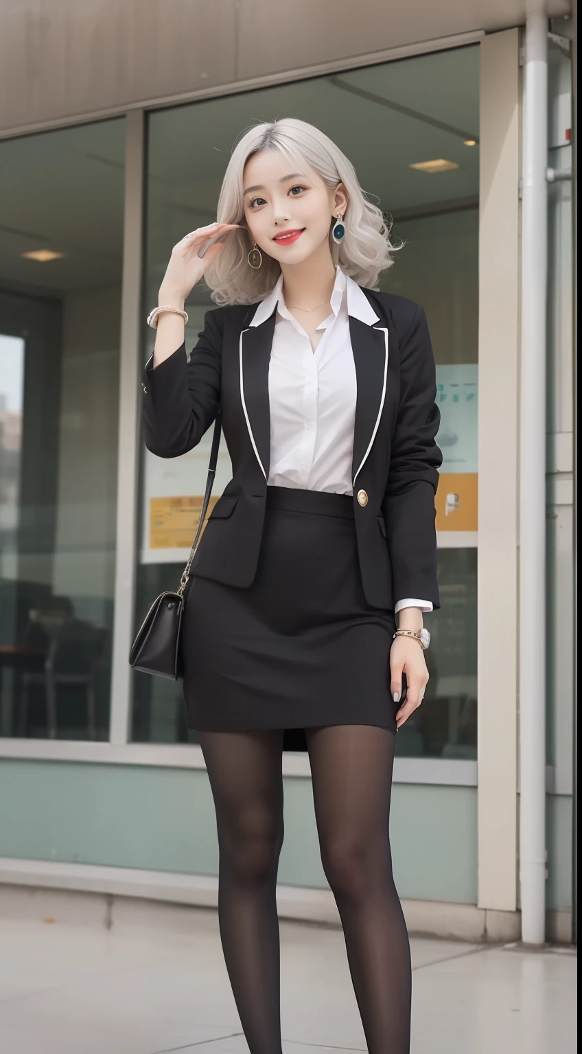 (Flight attendant 1.5),(true to life,Photorealistic 1.5),((best qualtiy, 8K, tmasterpiece:1.3)),SLR camera (二重まぶた,largeeyes:1.3),(smile1.5),(Full body photo 1.5)(One person 1.5)Clear focus 1.2, Perfect body beauty:1.4 , Delicate skin1.1,(Silvery-white hair 1.6),(Wave curls 1.4),(Pure desire 1.3)(Black pantyhose 1.5)(The leg length is one meter two,1.5),flightattendantuniform,Flight suit,Slender legs,high-heels,With earrings,Wristband jade bracelet,Classroom
