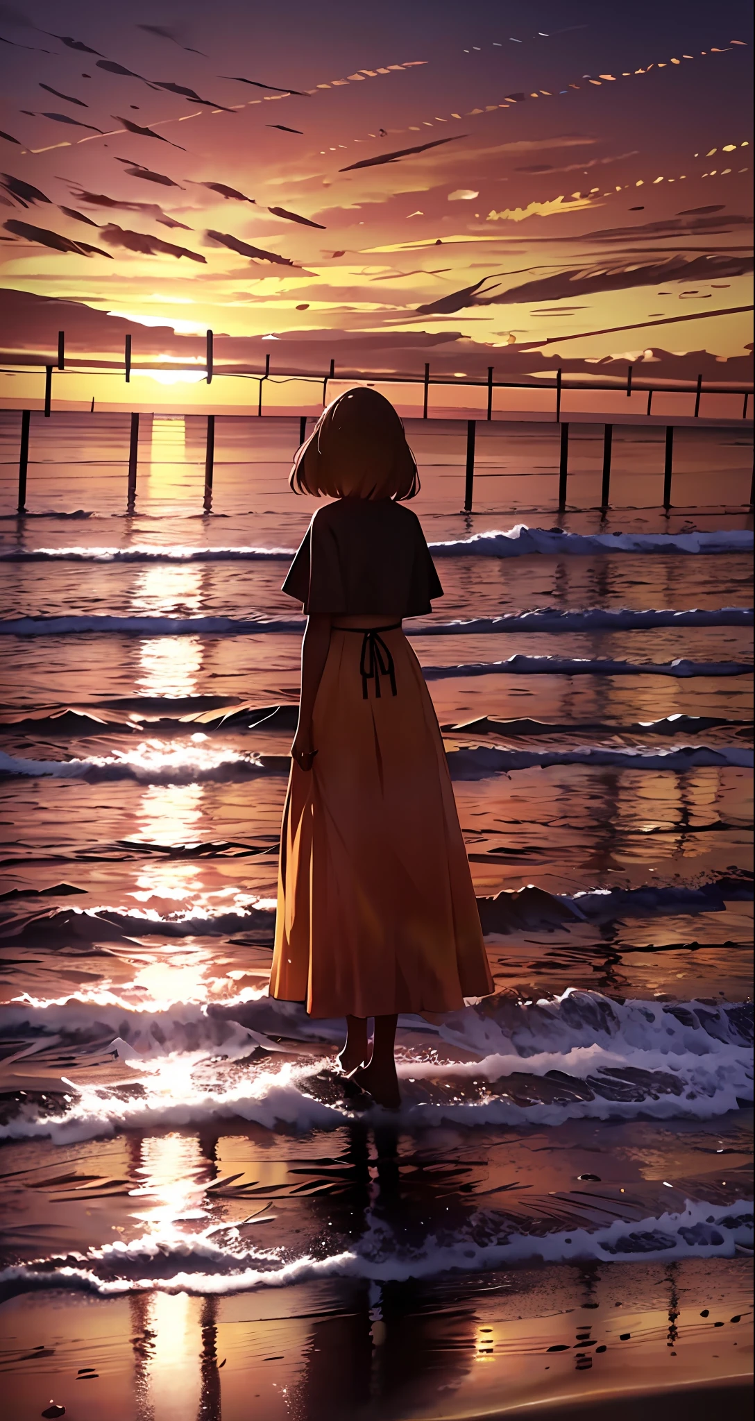 Woman standing on the beach looking at the sea, there is sunset, there is sunset, under the beautiful sunset, the most beautiful sunset, watch the sunset, watch the sunset, sunset time, watch the sunset, beach on the sunset, in the sunset, girl looks at the sunset, looks at the sunset, is the sunset