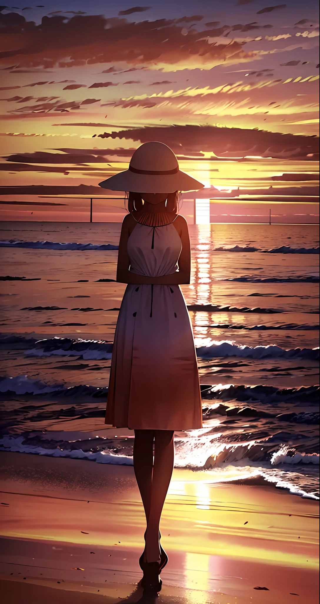Woman standing on the beach looking at the sea, there is sunset, there is sunset, under the beautiful sunset, the most beautiful sunset, watch the sunset, watch the sunset, sunset time, watch the sunset, beach on the sunset, in the sunset, girl looks at the sunset, looks at the sunset, is the sunset