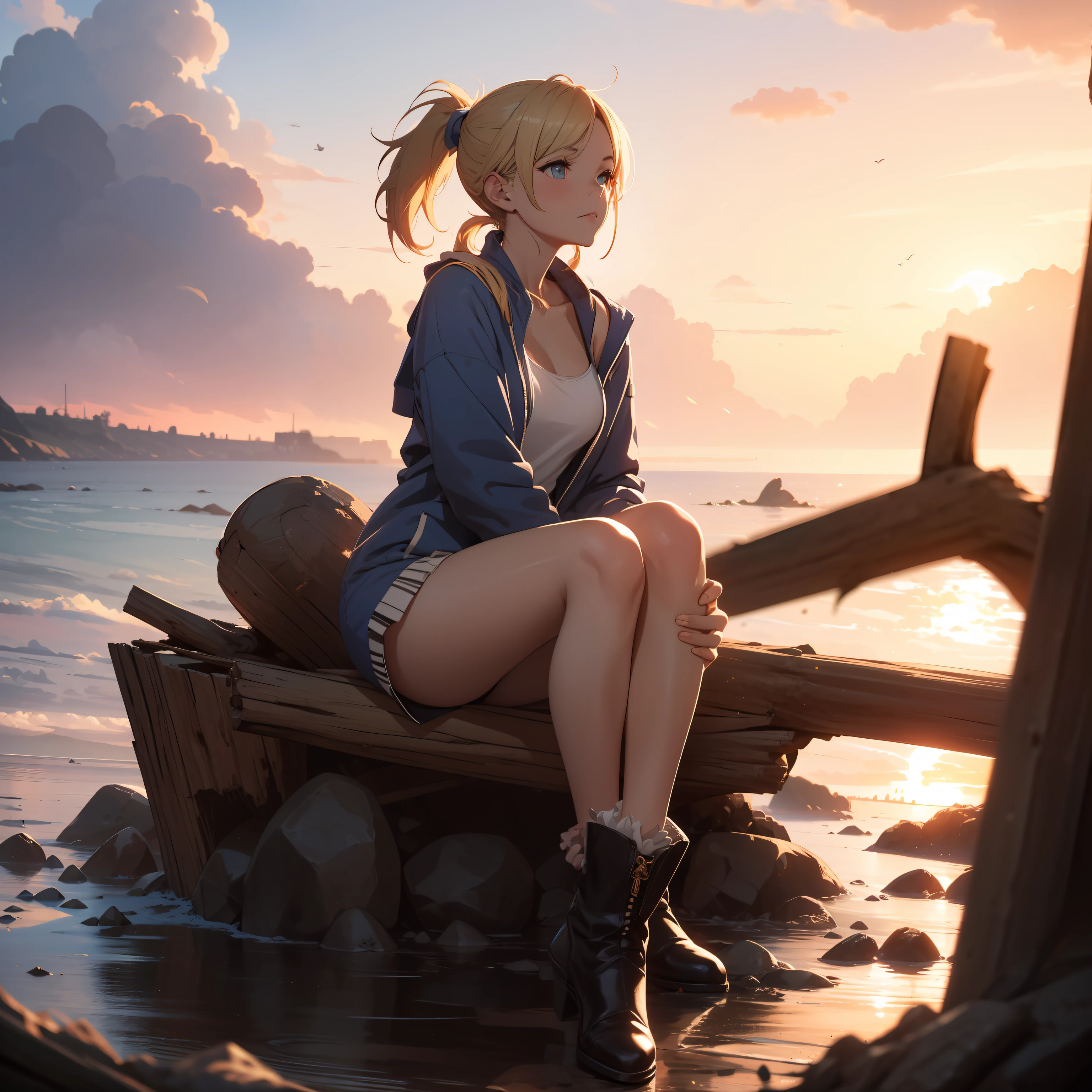 (masterpiece, best quality), photorealistic, cinematic, anime girl, (in Pastel-colored romper with ruffled details and ankle boots:1.2), seaside, 1 girl, blonde hair, ((messy Low Ponytail:1.5)), full-body shot, head to toe visibility, perfect anatomy, curvaceous body, alluring, long round legs, medium-sized chest, perfect eyes, perfect hands, leaning against a piece of driftwood or a beach rock, one leg crossed in front of the other, creating a relaxed yet alluring pose, the model's body language should reflect a mix of confidence and comfort, a playful and carefree expression, as if caught in a candid moment of enjoyment, the model's gaze can be slightly distant, adding a touch of whimsy to the shot, extremely detailed Artgem, ig model, artgem, alena aenami and artgem, krenz cushart and artgem, artgem and atey ghailan