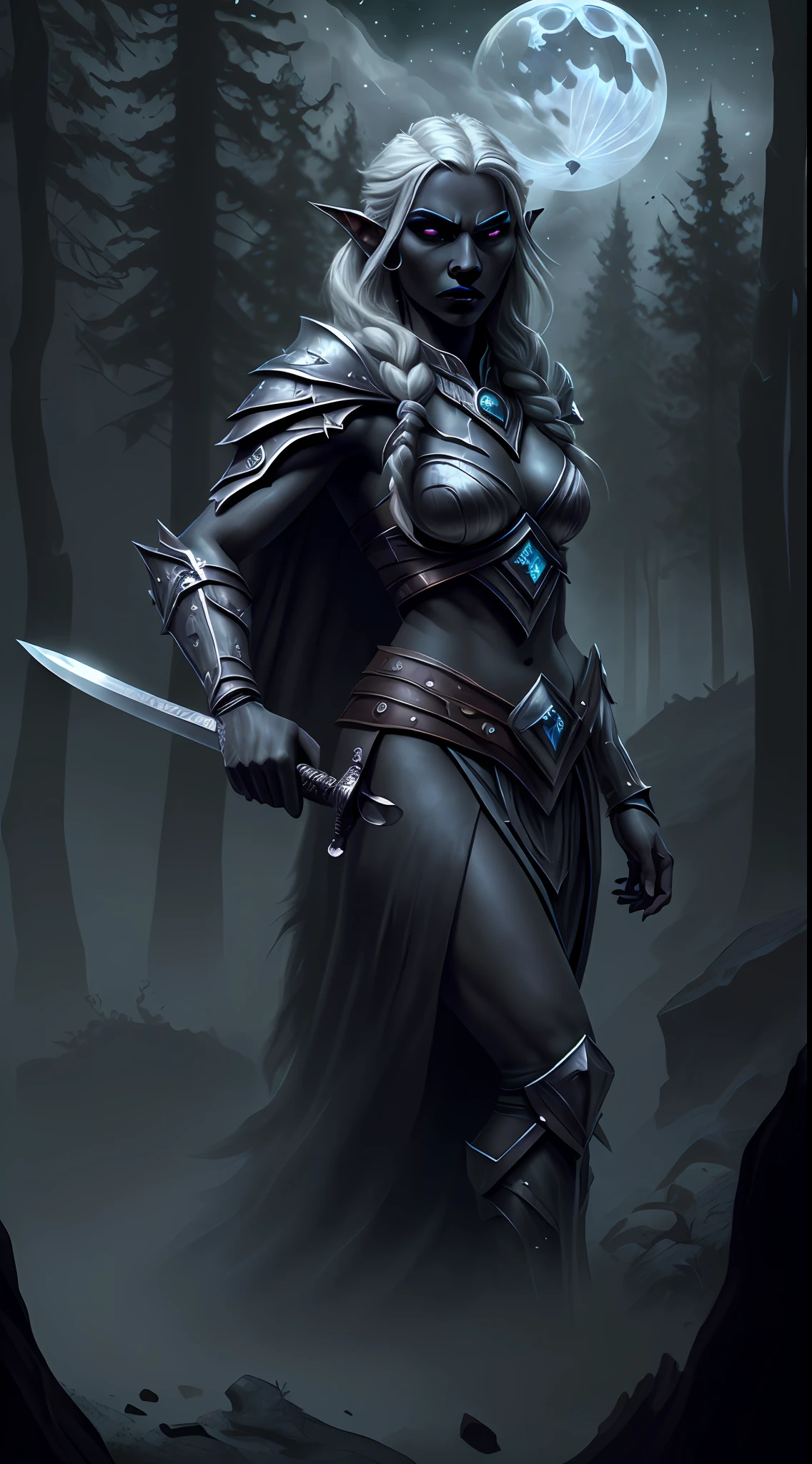 8k, ultra detailed, masterpiece, best quality, high details, best quality, highres, 1080P, 8k, 3D rendering, photorealism, anatomically correct, fantasy art, RPG art, epic female dark elf, drow elf (intense details, Masterpiece, best quality: 1.5), epic ranger (intense details, Masterpiece, best quality: 1.5), and her epic wolf companion, extremely, beautiful drow elf, female elf (intense details, Masterpiece, best quality: 1.5), black skin, white hair, long hair, braided hair, green eyes (intense details, Masterpiece, best quality: 1.5), intent look, wearing light armor (intense details, Masterpiece, best quality: 1.5), wearing black cloak (intense details, Masterpiece, best quality: 1.5),, armed with long sword (intense details, Masterpiece, best quality: 1.5), high quality, magical sword (intense details, Masterpiece, best quality: 1.5), with magical sigils, big grey wolf, epic grey wolf, night time, moon light, stars, fantasy dark forest, trees, sense of fear,