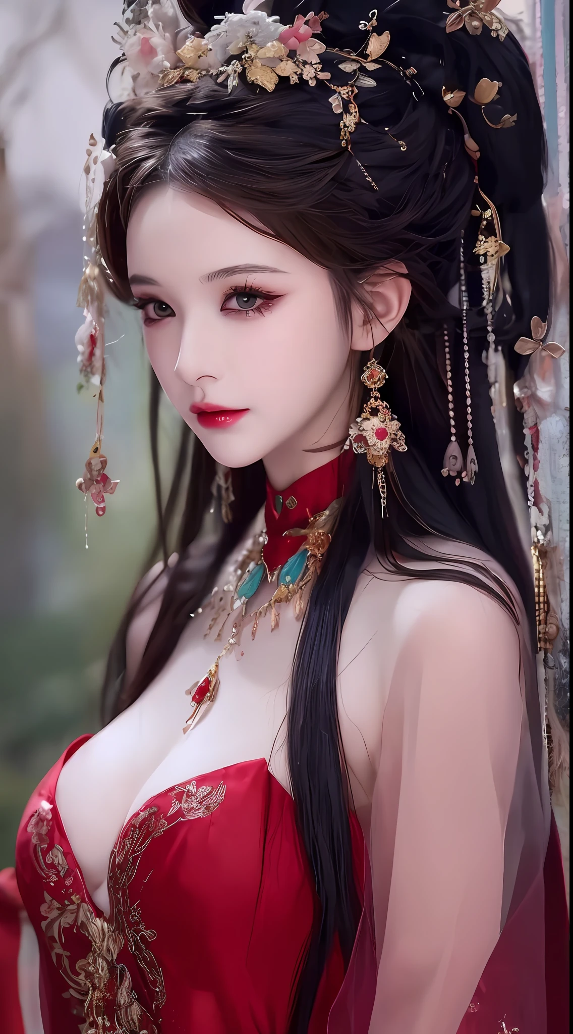 1 beautiful devil woman from hell, In the Dark: 1.6), surreal female portrait by David Hockney and Alphonse Mucha, fantasy art, Chinese super cute doll, photorealism, dynamic lighting, artstation, volumetric lighting, very detailed faces, 8k ultra, Awarded, in the dark, deep shadow, low key, cowboy lens, (Red phoenix dress: 1.4), long hair, black hair, the front hair is pulled back, bust, luxurious palace, Royal style, devil crown, black eyes make up very sharp and detailed, The most beautiful face, breast augmentation, The breasts are very big and round and round, Super realistic, chinese women's clothing, polo neck sweater, Charming smile, extremely detailed and steamy makeup eyes, The eyes are very well made up, eye bags under wet makeup, guweiz, devil style, wearing black mesh socks, Ponytail with a bow tied at the back of the hair, red lipstick, wearing a thin red and black robe, glossy and plump lips, Hands pull the straps to reveal sexy breasts, the landscape is overcast and thunderous, (upper body portrait), Close-up of the main character, (Background details 1.8),HDR, UHD, 8kquality, detailed pixel, super realistic, depth camera, width camera, super quality, super real