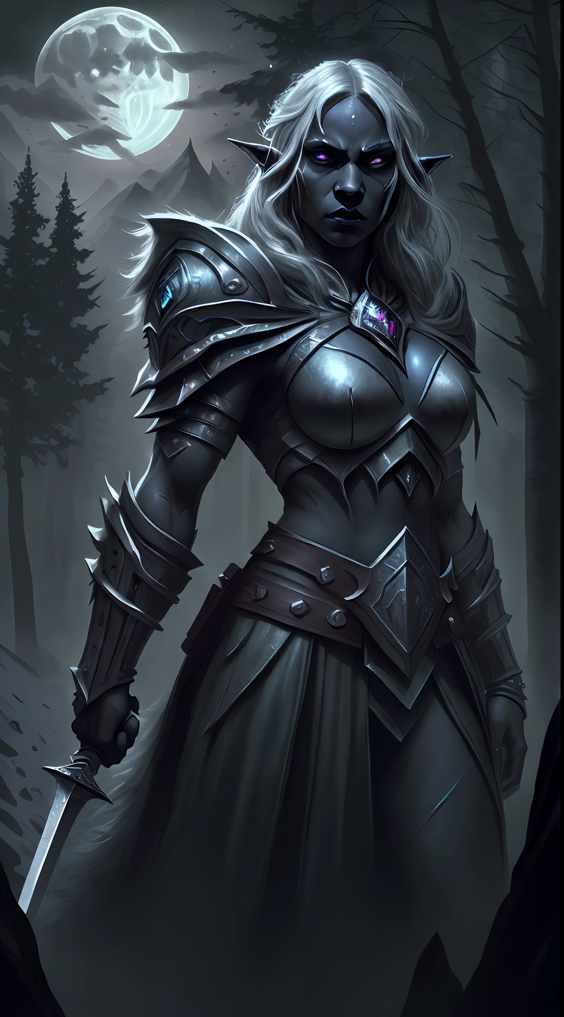 8k, ultra detailed, masterpiece, best quality, high details, best quality, highres, 1080P, 8k, 3D rendering, photorealism, anatomically correct, fantasy art, RPG art, epic female dark elf, drow elf (intense details, Masterpiece, best quality: 1.5), epic ranger (intense details, Masterpiece, best quality: 1.5), and her epic wolf companion, extremely, beautiful drow elf, female elf (intense details, Masterpiece, best quality: 1.5), black skin, white hair, long hair, braided hair, green eyes (intense details, Masterpiece, best quality: 1.5), intent look, wearing light armor (intense details, Masterpiece, best quality: 1.5), wearing black cloak (intense details, Masterpiece, best quality: 1.5),,  armed with long sword (intense details, Masterpiece, best quality: 1.5), high quality, magical sword (intense details, Masterpiece, best quality: 1.5), with magical sigils,  big grey wolf, epic grey wolf, night time, moon light, stars, fantasy dark forest, trees, sense of fear,