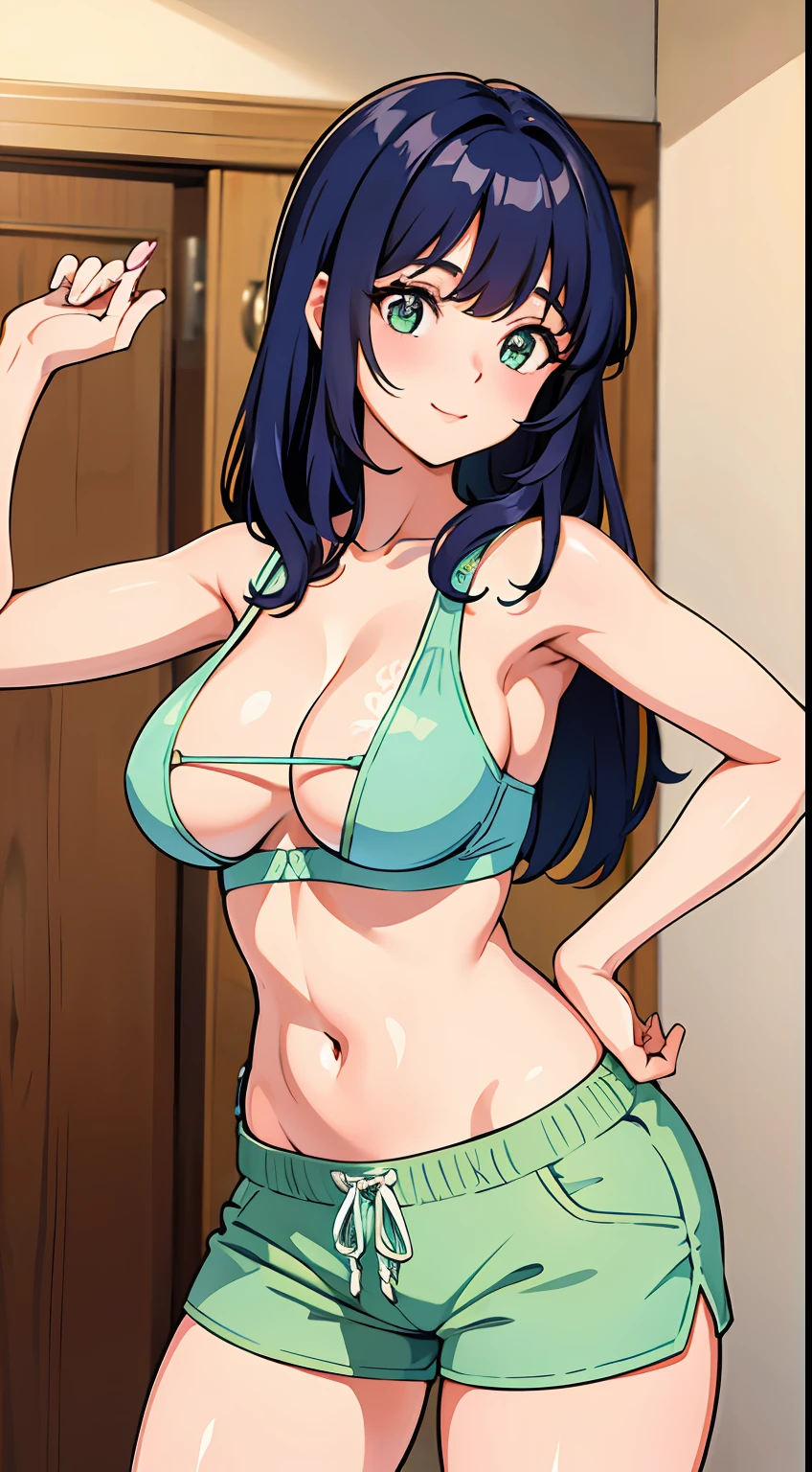 ((melhor qualidade, 8k, master part :1.3)), 1girl, Beautiful woman with emphasis on chubby abs: 1.3, corpo inteiro, (Cabelos Longos, seios grandes: 1.2), nude boobs:1.6, tight bra,usando shorts, rosto ultra-delicado, olhos delicados, 二重まぶた, sorrir, casa, Random colored clothes